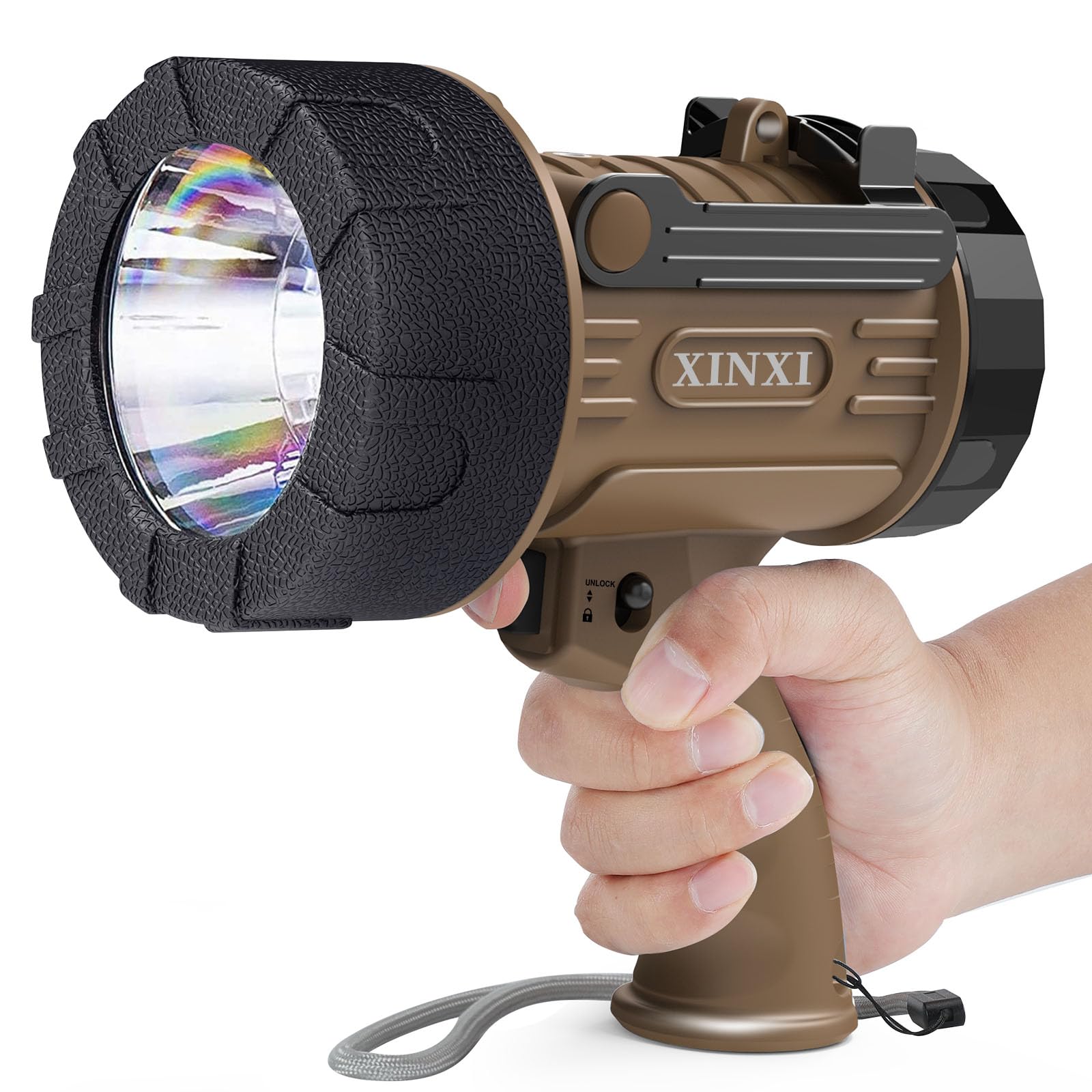 XINXI Rechargeable Spotlight Flashlight 1000000 Lumens IP67 Waterproof 4 Light Modes Model X-006BR Brown