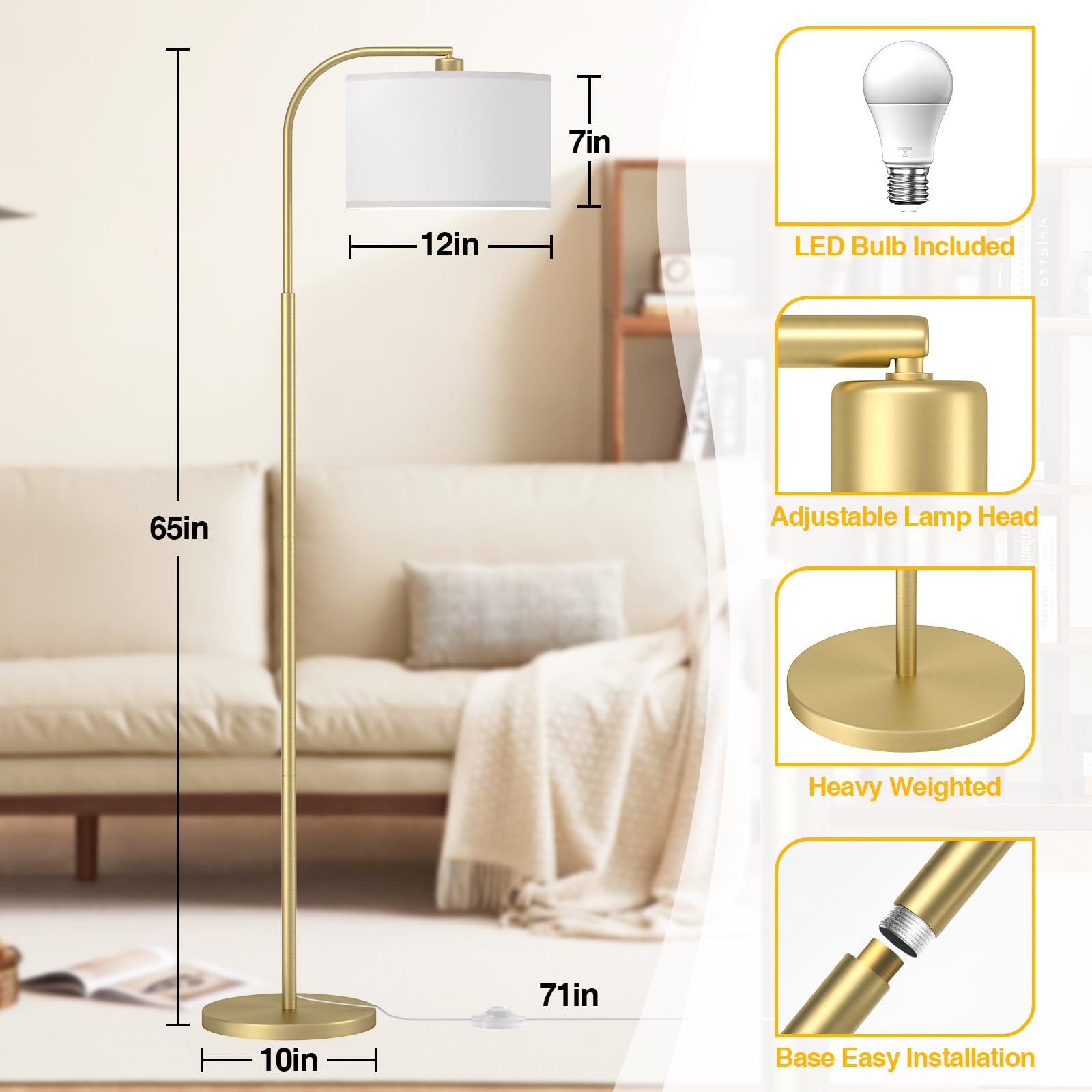 Cnxin Arc Floor Lamps For Living Room With 3 Color Temperatures, Modern Floor Lamp Reading Light With 9W Bulb Included, Standing Lamp With Adjustable White Hanging ?Lampshade For Bedroom Office(Gold)