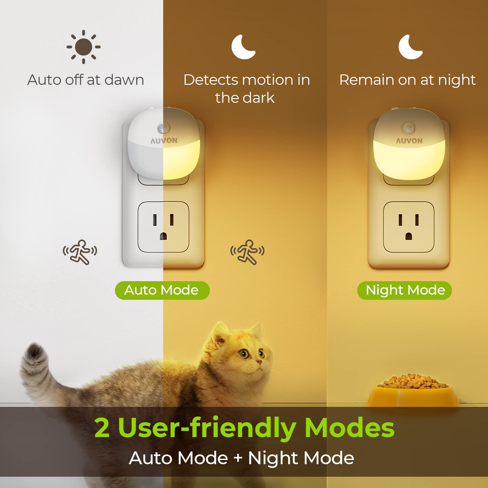 Auvon Plug In Night Light With Motion Sensor And Dusk To Dawn Sensor, Mini Warm White Led Nightlight With 1-50 Lm Adjustable Brightness For Bathroom, Hallway, Stairs, Bedroom, Kitchen, 4 Packs