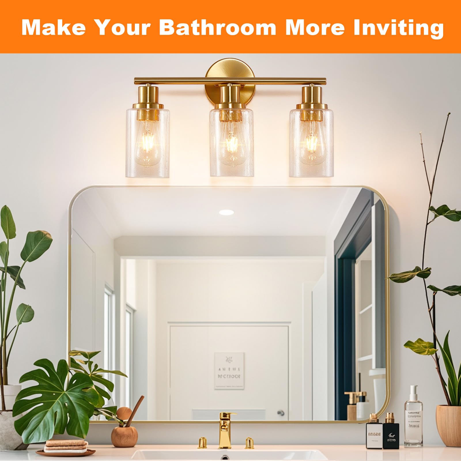 DINGLILIGHTING 3-Light Bathroom Light Fixtures, Brushed Gold & Bubbled Glass, Modern Vanity Wall Lamp for Kitchen, Living Room, Hallway