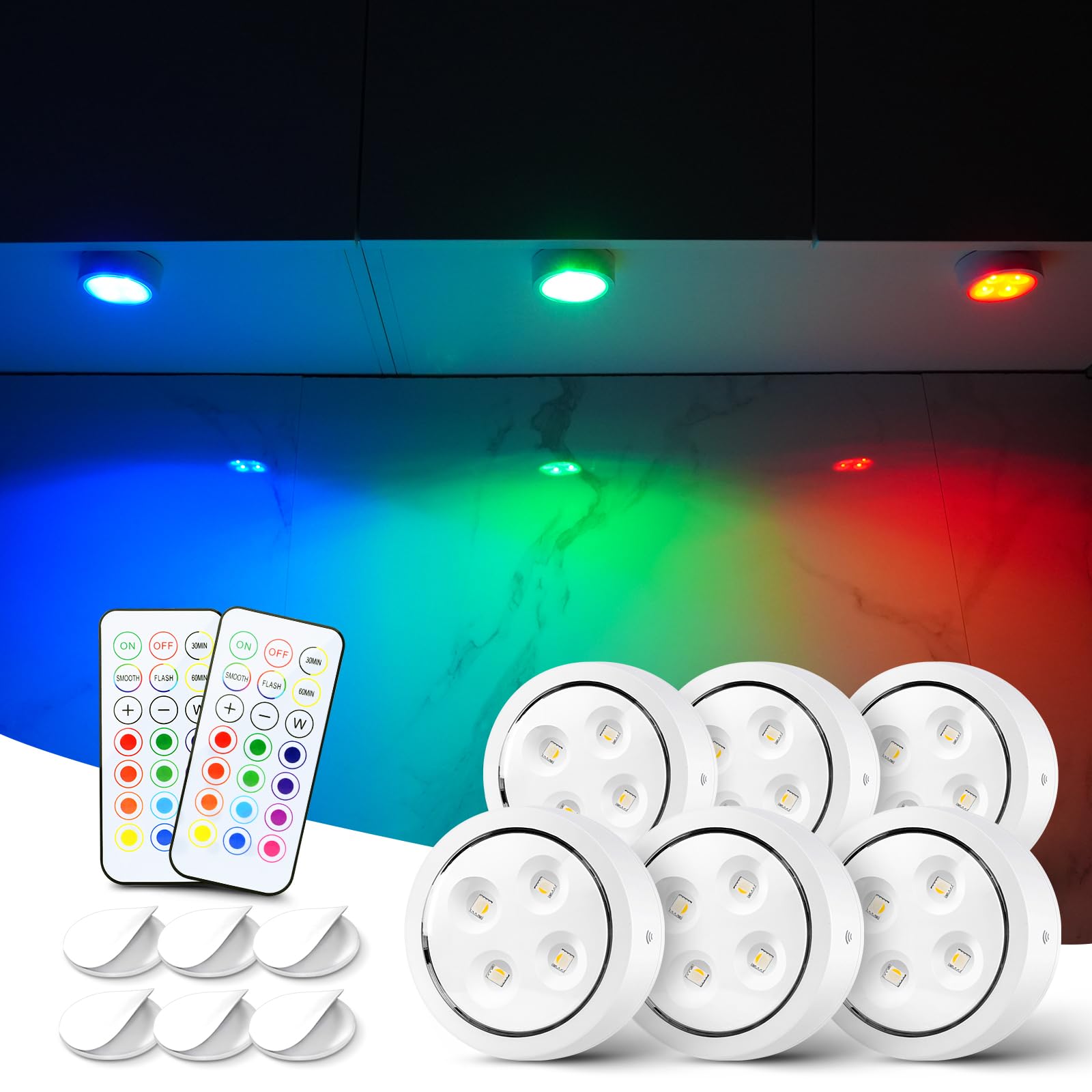 swesara Push Lights with Remote Puck Lighting Battery Operated Tap Lights Button Stick On Color Changing Led Lights 6 Pack (Whit