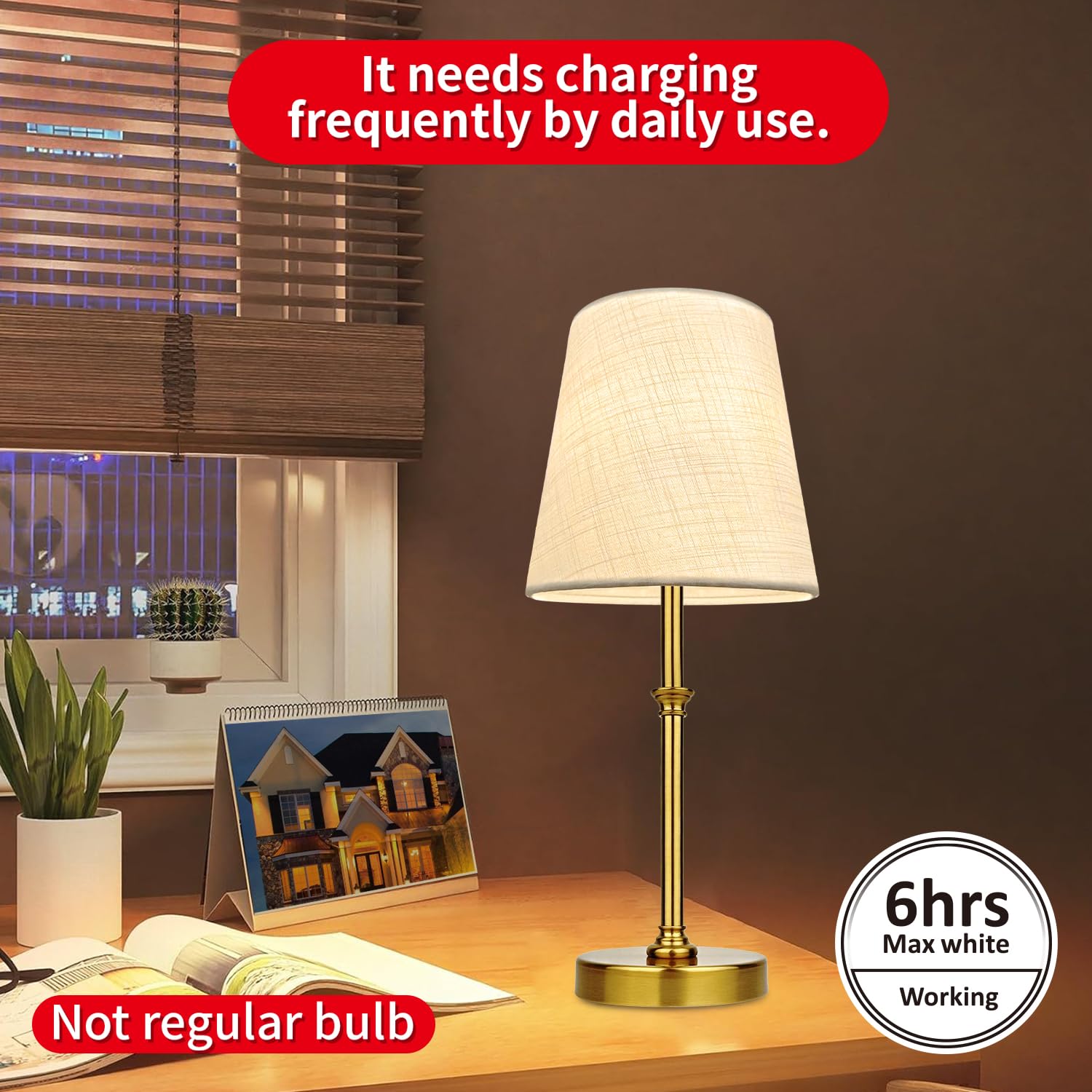 Blueye Cordless Table Lamps,Remote Control,5200Mah,No Flicker,2700K-6000K,Rechargeable Bulb,50W Equivalent,Retro Style,Fabric Sh