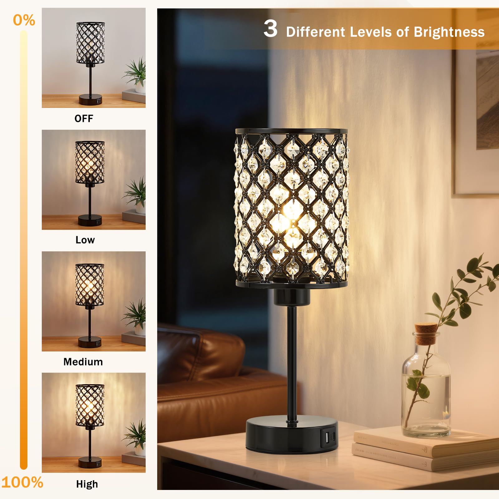 Touch Control Table Lamp, Black Crystal Table Lamps Set Of 2 With 2 Usb Charging Ports, 3-Way Dimmable Bedside Nightstand Lamps