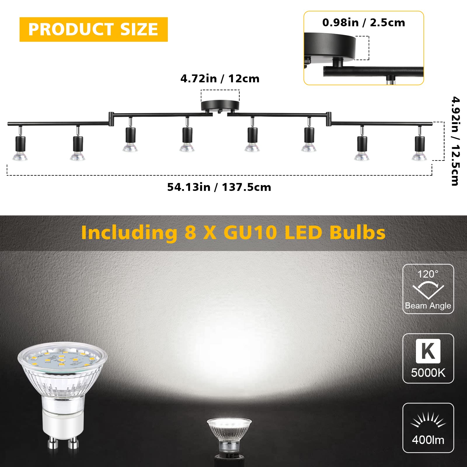 Unicozin LED 8 Light Track Lighting Kit, Black, Metal, 8 Way Ceiling Spot Lights, Includes 8 x 4W GU10 Bulbs, Daylight White 5000K