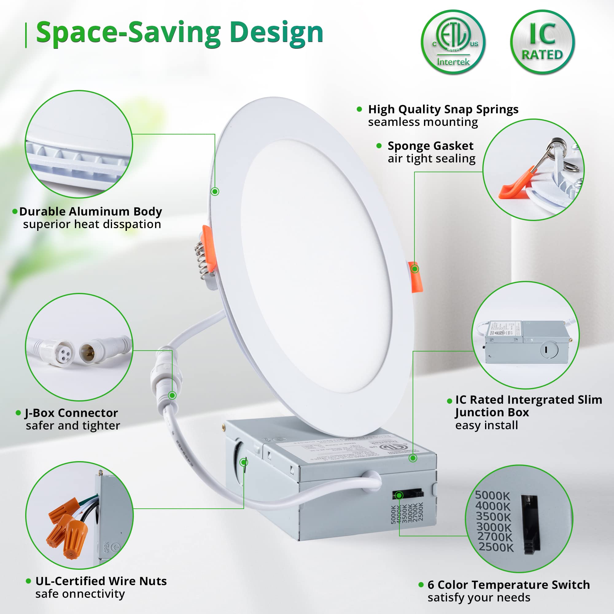 LEDIARY 6 Inch Dimmable LED Recessed Lighting, 24 Pack, 2500K-5000K Selectable, Metal, 1100LM, IC Rated, ET