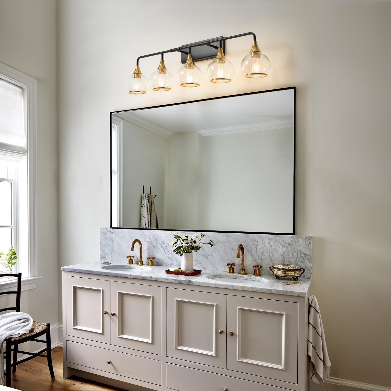 HAHZT Bathroom Vanity Light 5-Lights Metal Wall Sconce 39.2 inch Black and Gold Model 8033ML with Clear Glass Shade