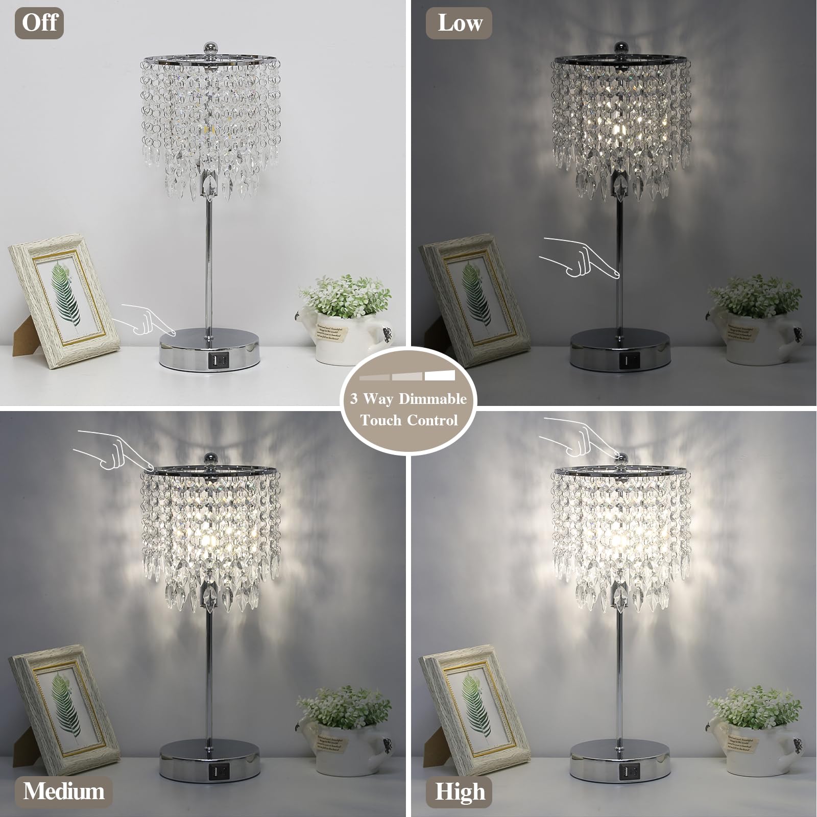 Boncoo Crystal Table Lamp Set of 2, Touch Control, USB Ports, Dimmable, Silver, Includes 4W LED Bulb, Elegant Nightstand Lighting