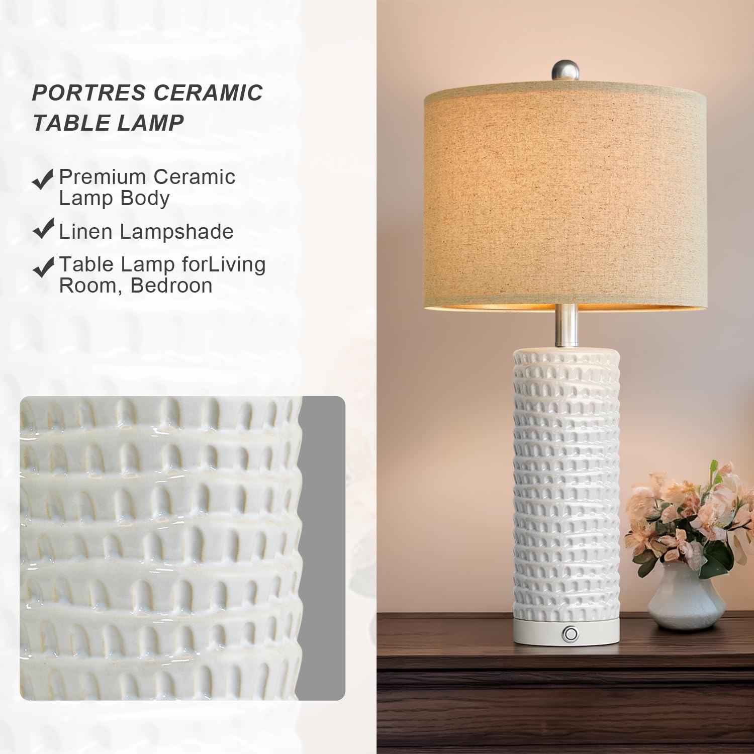 PORTRES 24in Ceramic Touch Table Lamp Set of 2, Dimmable, USB Charging Ports, White, Model AMZ-T1062WH-TU