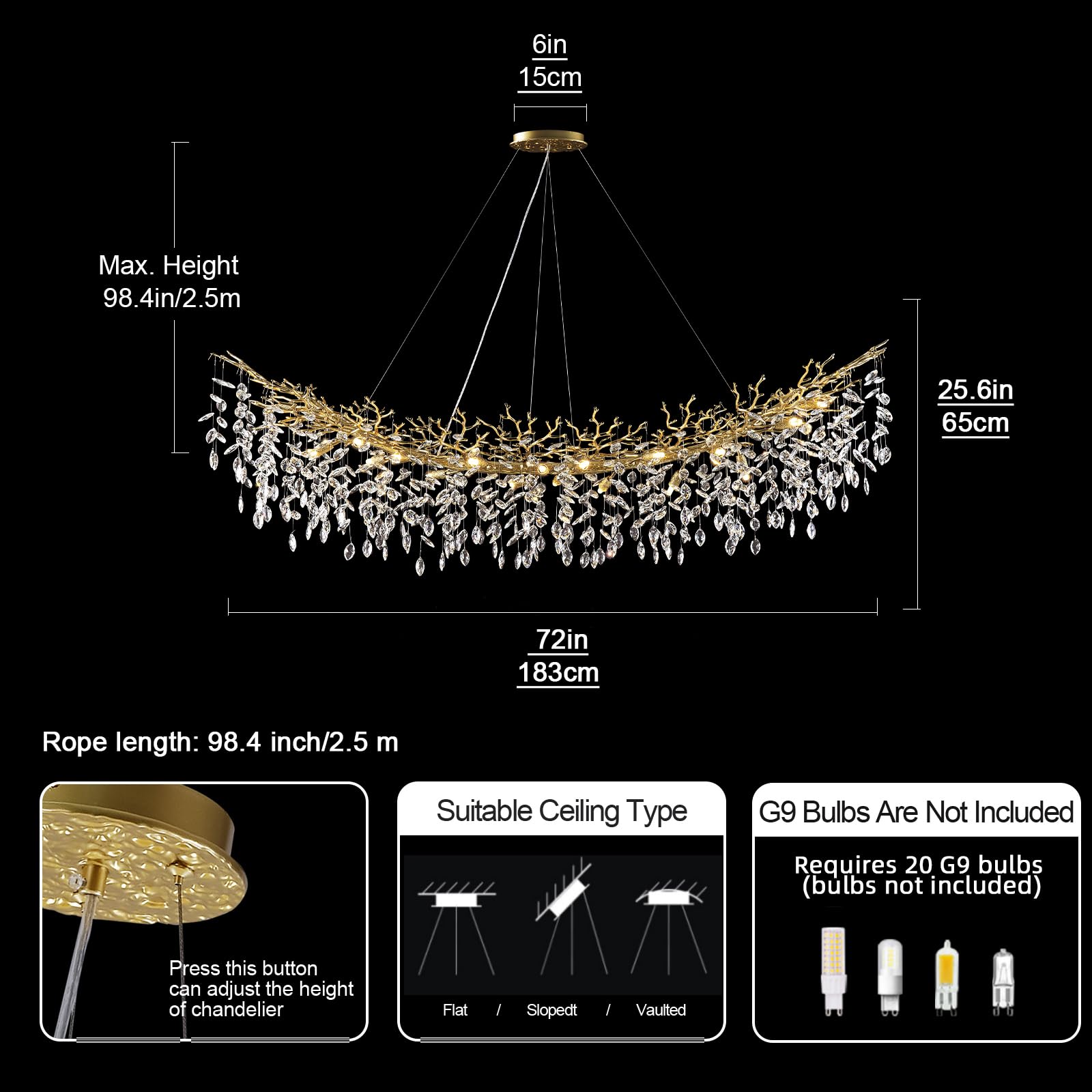 Kvtinmty Modern Crystal Gold Chandelier,72'' Large Rectangular Chandeliers For Dining Room, Tree Branch Crystal Lving Room Chand
