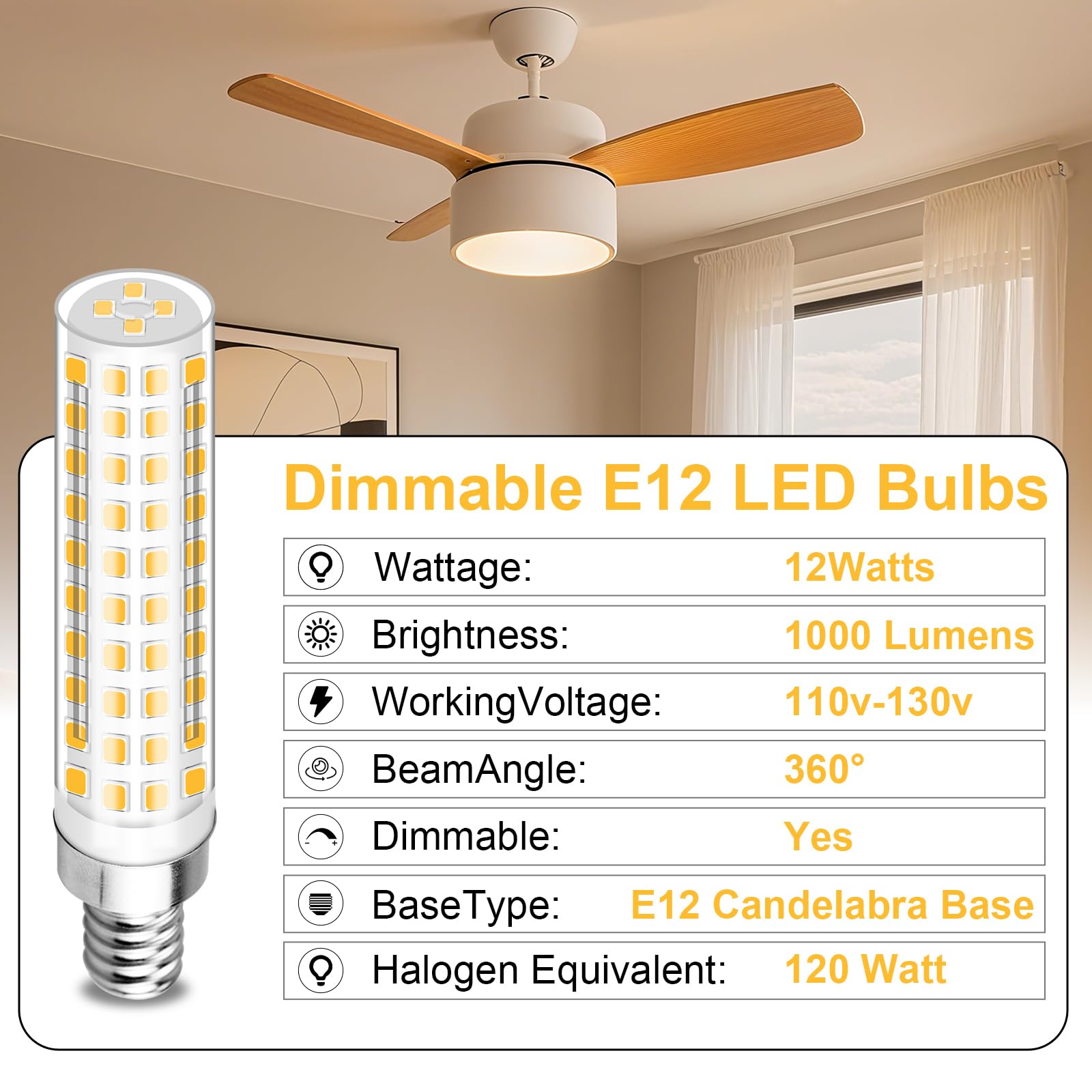 TZHILAN Dimmable E12 LED Bulbs 12W, 3000K Warm White, 1000 Lumen, Candelabra Light, 3-Pack, Model T289