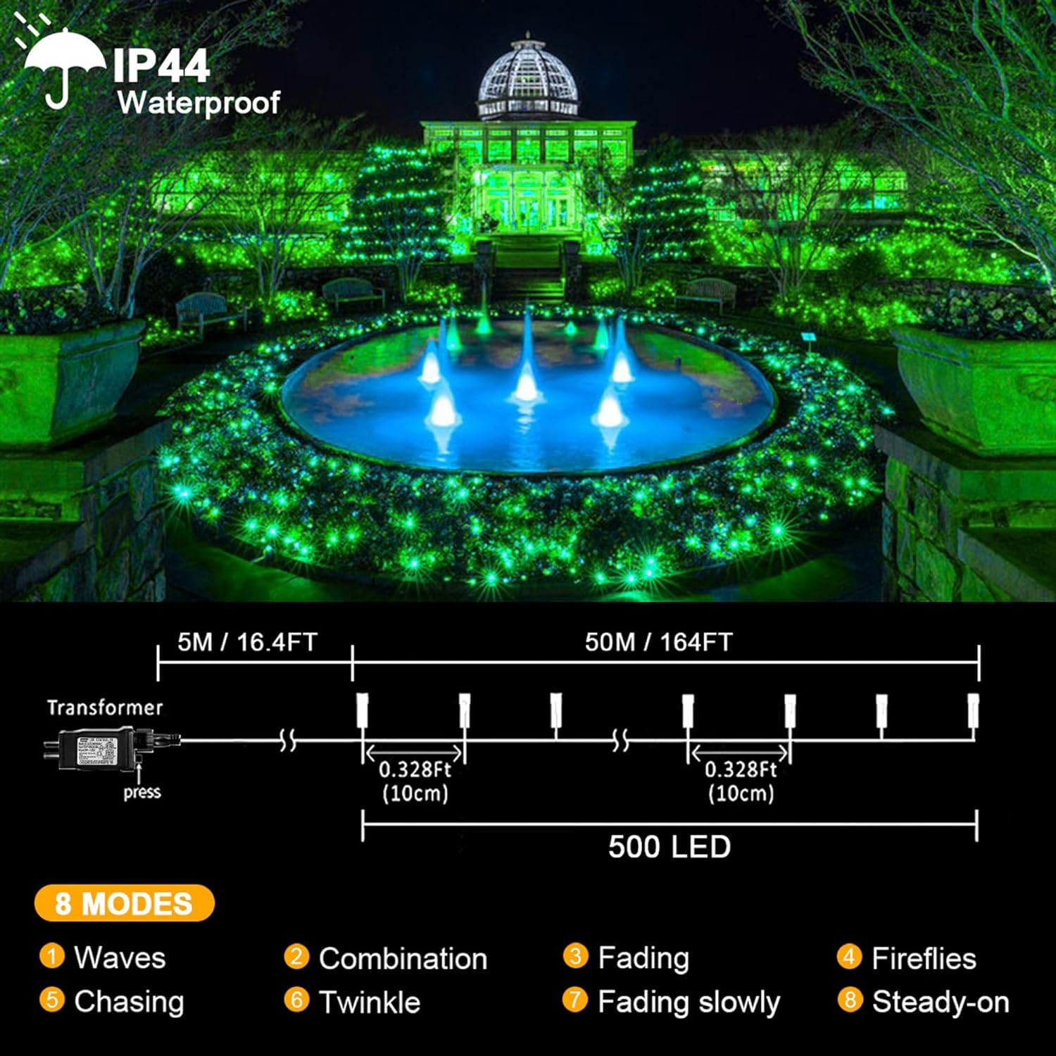 kemooie 500 LED St Patricks Day Lights, 164FT Waterproof Green, 8 Modes, Ideal for Outdoor Events and Decorations