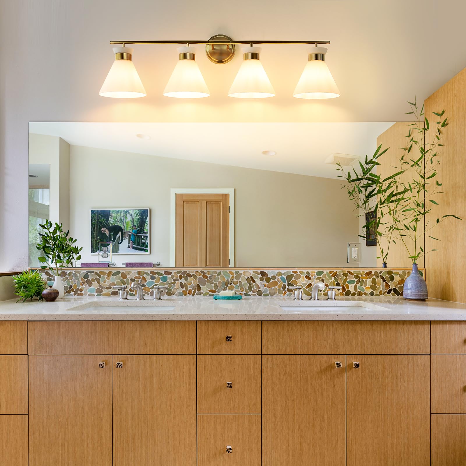 Woshitu Bathroom Vanity Light - 4-Bulb Mid Century Modern Sconce, Brass Gold, Frosted Glass, Metal, Over Mirror Lighting