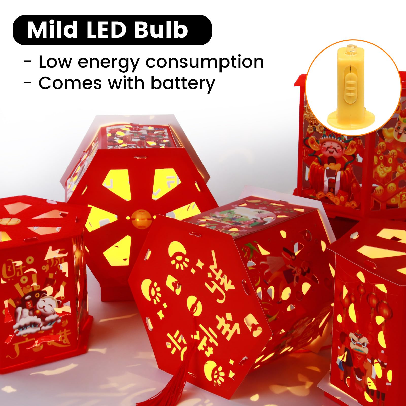 DUNCHATY 8pcs Lunar Chinese New Year Lanterns - Red Paper Lucky Lanterns for Kids - Model 3-RED-LED59-8P-7-CNY-LANTERN