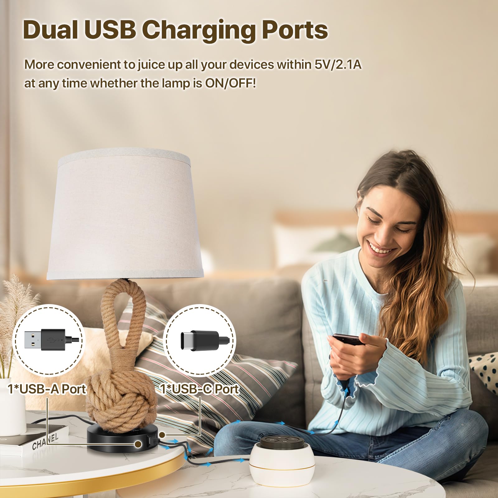 Rope Rattan Lamp Set Of 2: Boho Table Lamp With Usb A+C Ports, 3-Color Temperatures Bedside Lamps With Rotary Switch, Night Stan