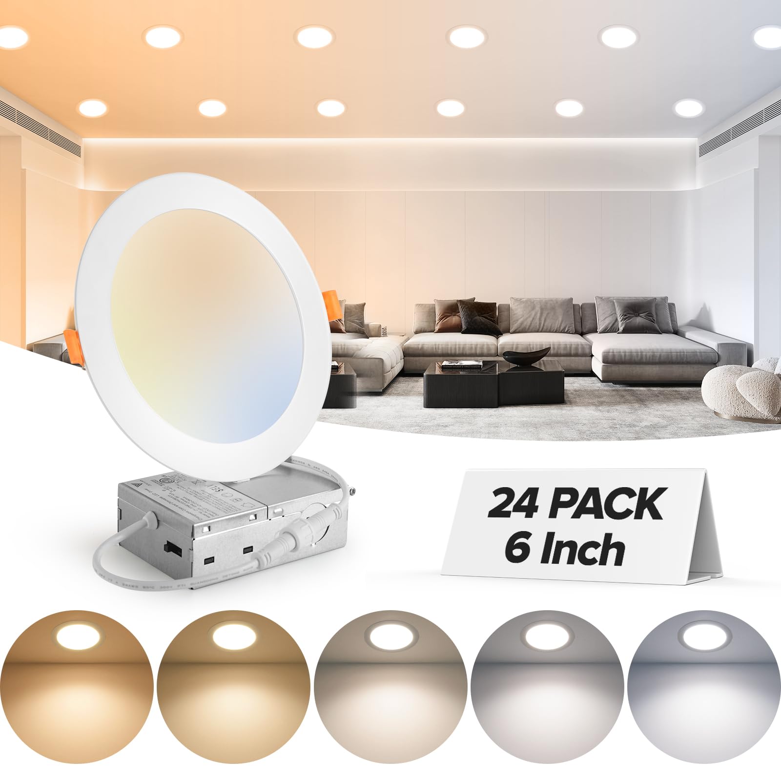 Mailcos 24 Pack 6 Inch 5Cct Ultra-Thin Led Recessed Ceiling Light With Junction Box, 2700K-5000K Selectable, 1050Lm High Brightness, 0%-100% Dimmable Canless Wafer Downlight, 12W 120V, Etl