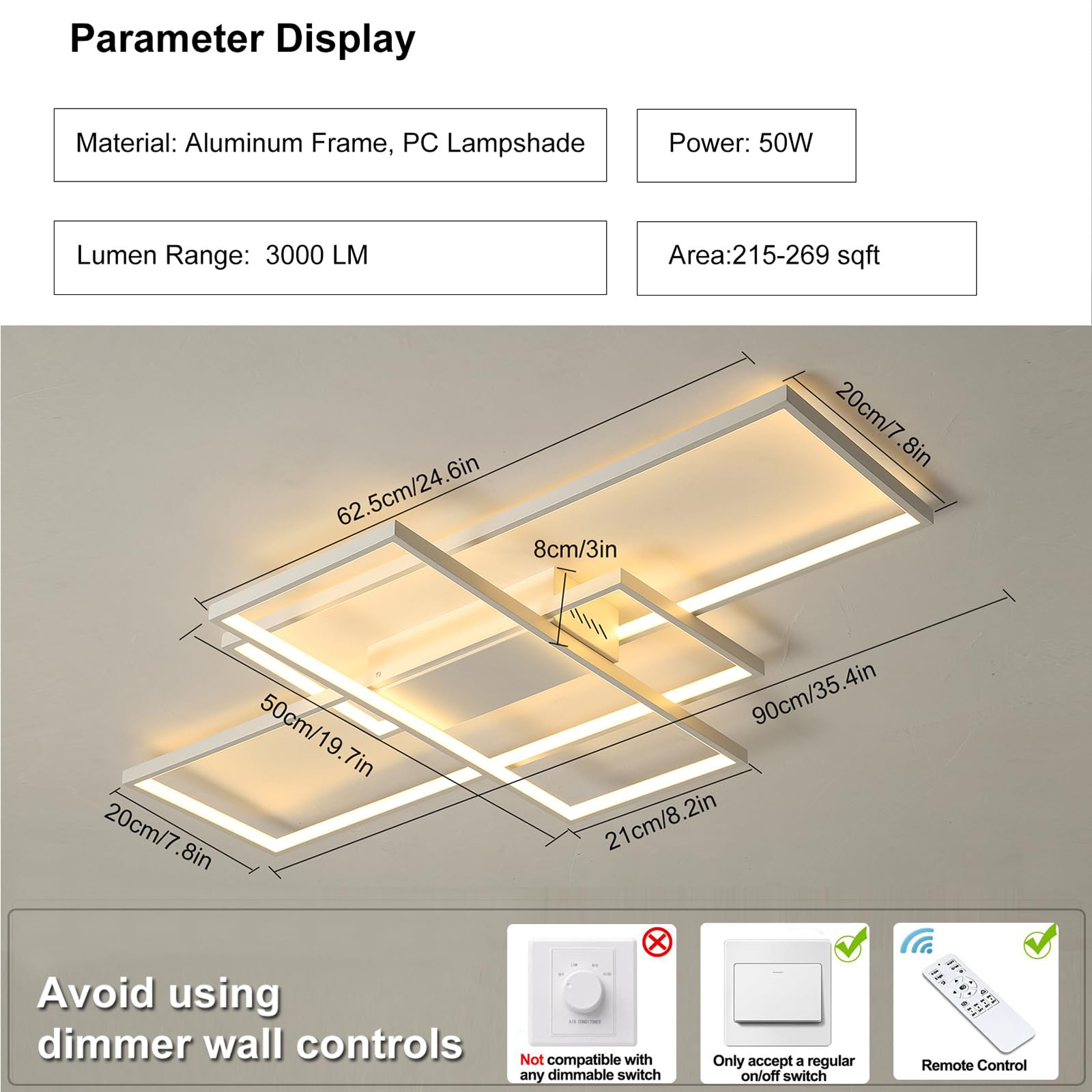 Geadi Modern Dimmable Ceiling Light, 35.4'' White Led Ceiling Light Fixtures With Remote Control, 50W Rectangle Flush Mount Ligh