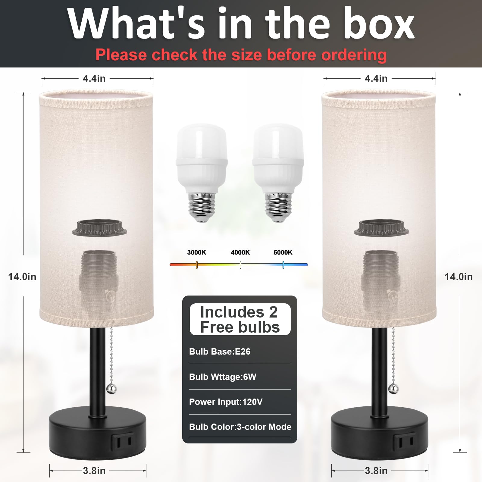Fenmzee Bedside Table Lamps Set of 2, Metal, Beige, Round, 14in, 3 Color Temperatures, Pull Chain, AC Outlet, E26 LED Bulbs