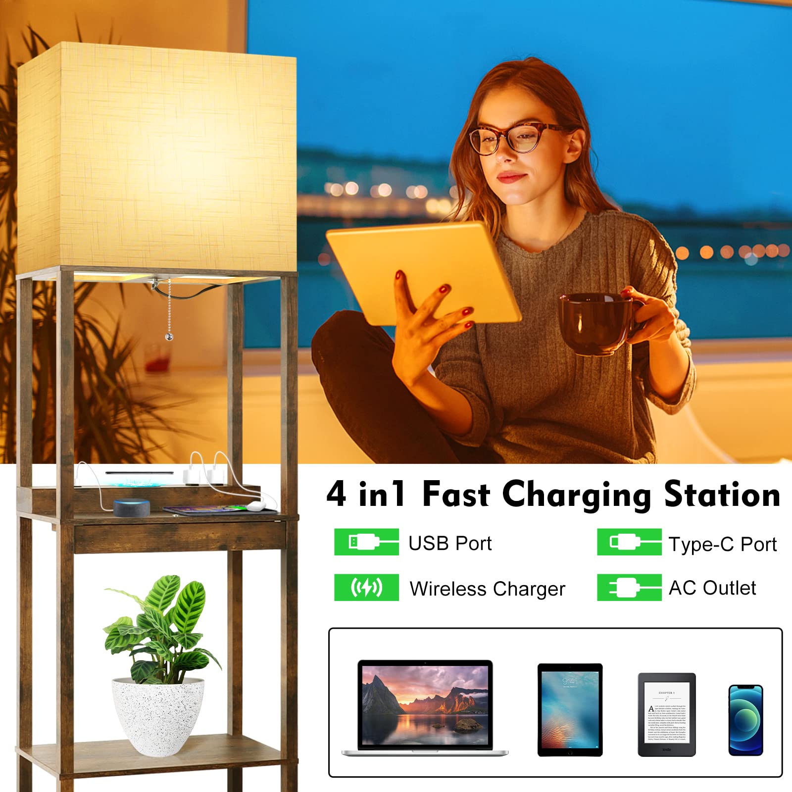 Runtop Floor Lamp With Shelves, Plus Shelf Lamp With Wireless Charger, 2 Usb Port And Outlet, 1 Drawer, 15W Led Bulb, 3 Colors,