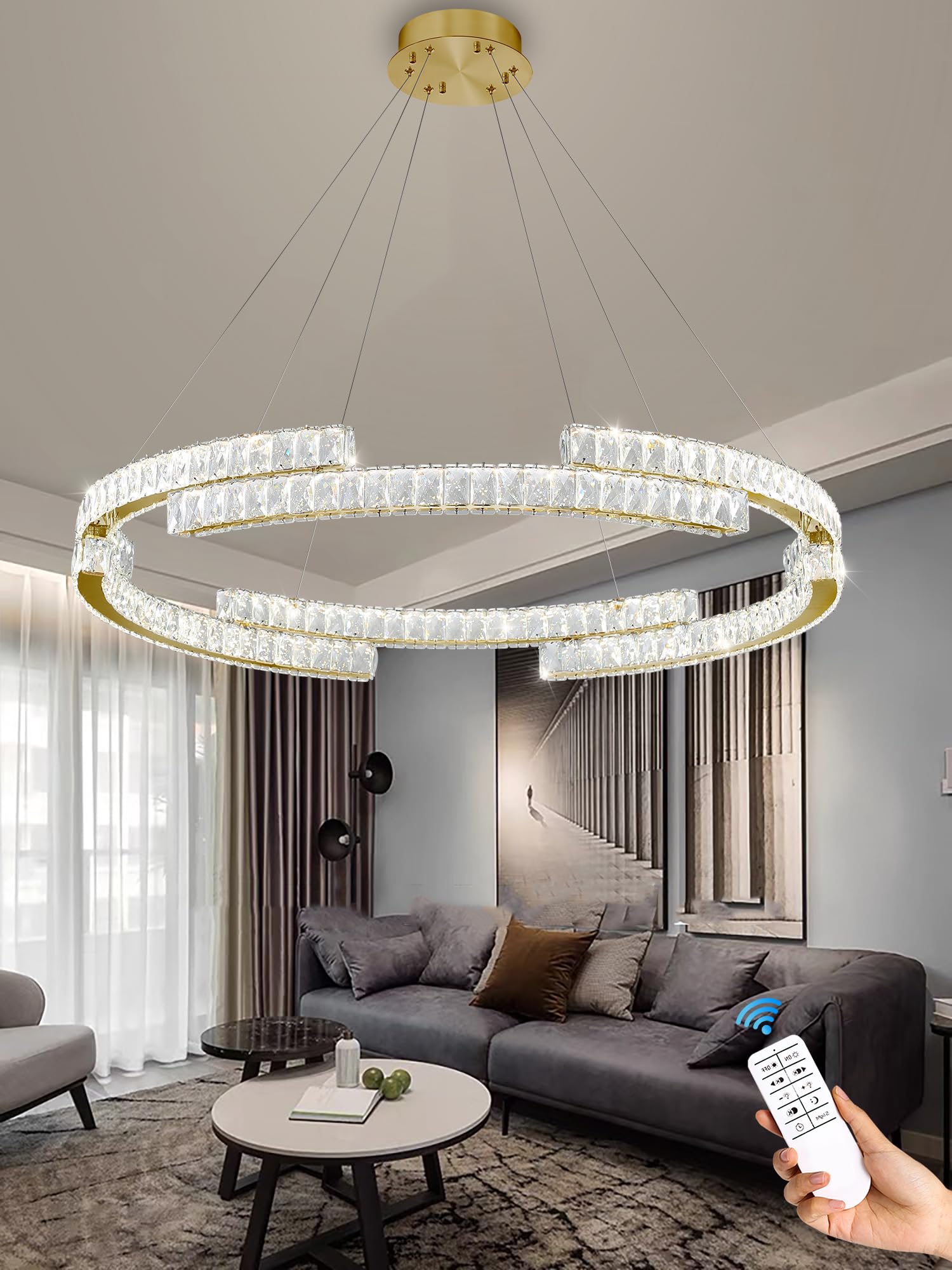 Idequy D47.5'' Gold Modern Crystal Ring Chandeliers For Living Room Dinning Room Crystal Pendant Light Dimmable 3000K-6000K