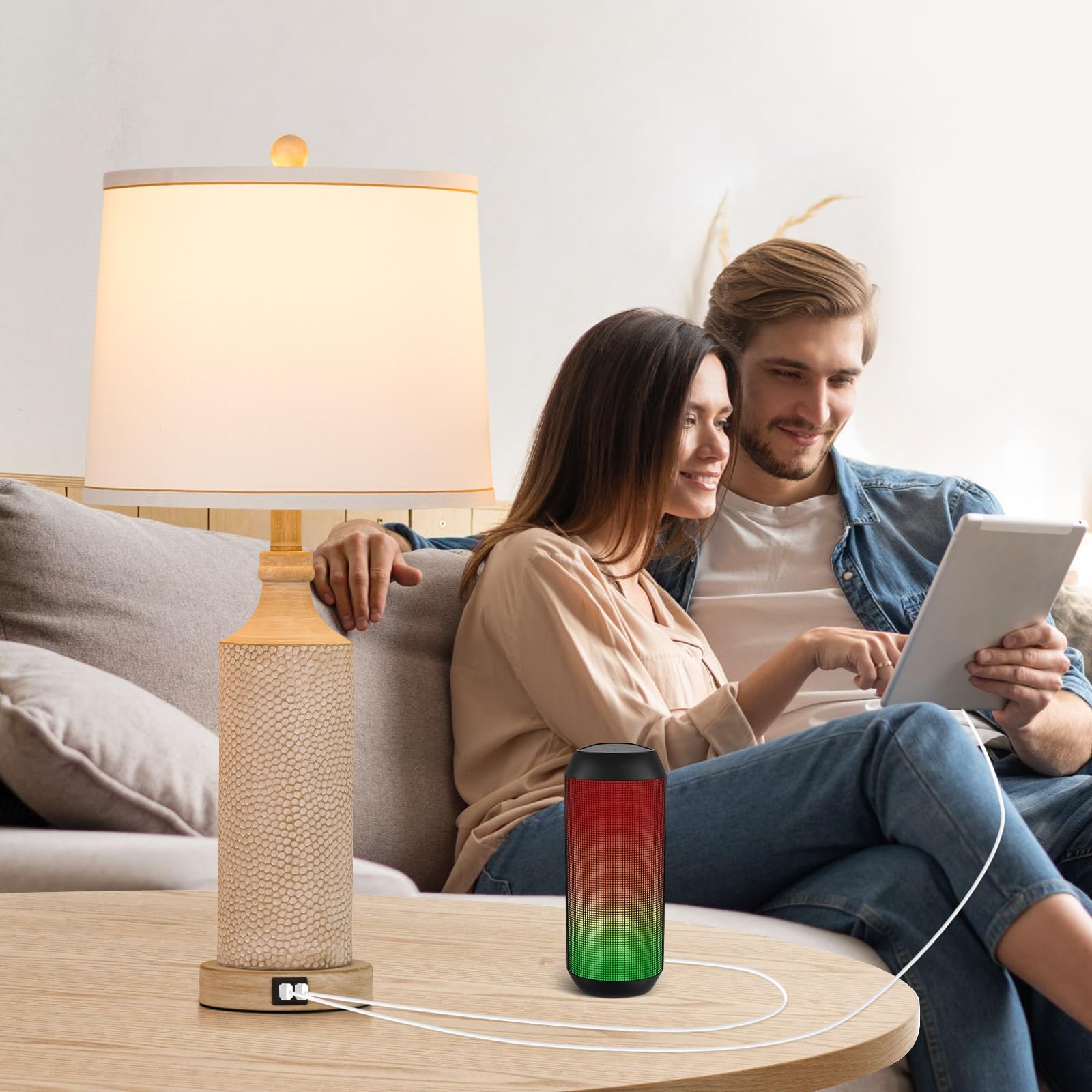 AIDENOEY 3-Way Dimmable Touch Control Table Lamp Set of 2, 27.5" Vintage Washed White Resin, USB A+C Ports, Medium Size for Home