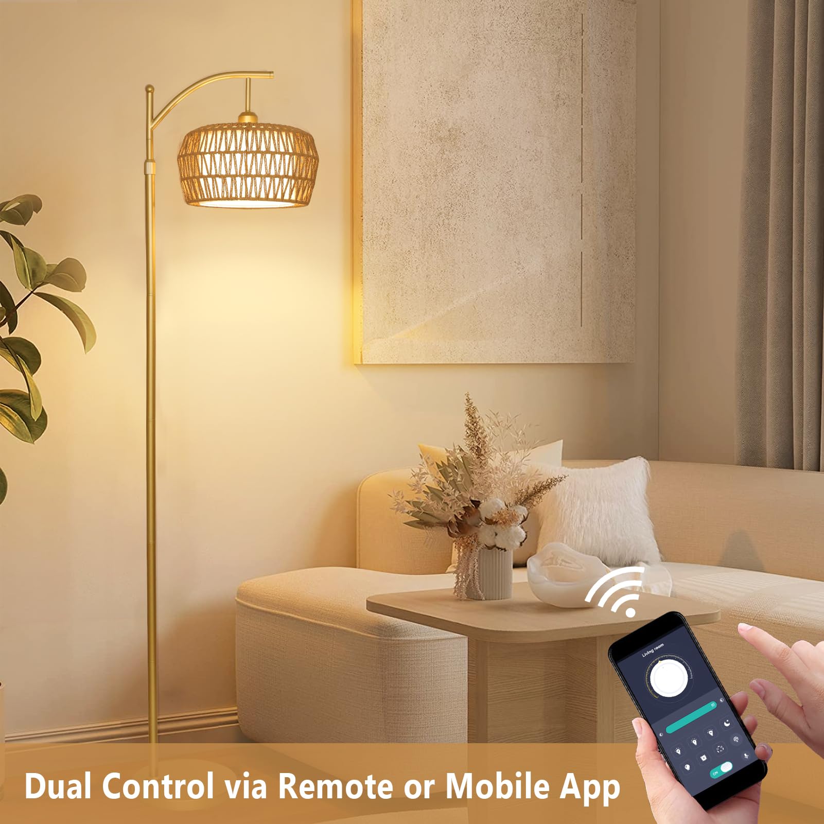 Lamsu Gold Floor Lamps For Living Room, Boho Rattan Floor Lamp With Remote And Dimmable Bulb, 3 Color Temperatures, Modern Arc S
