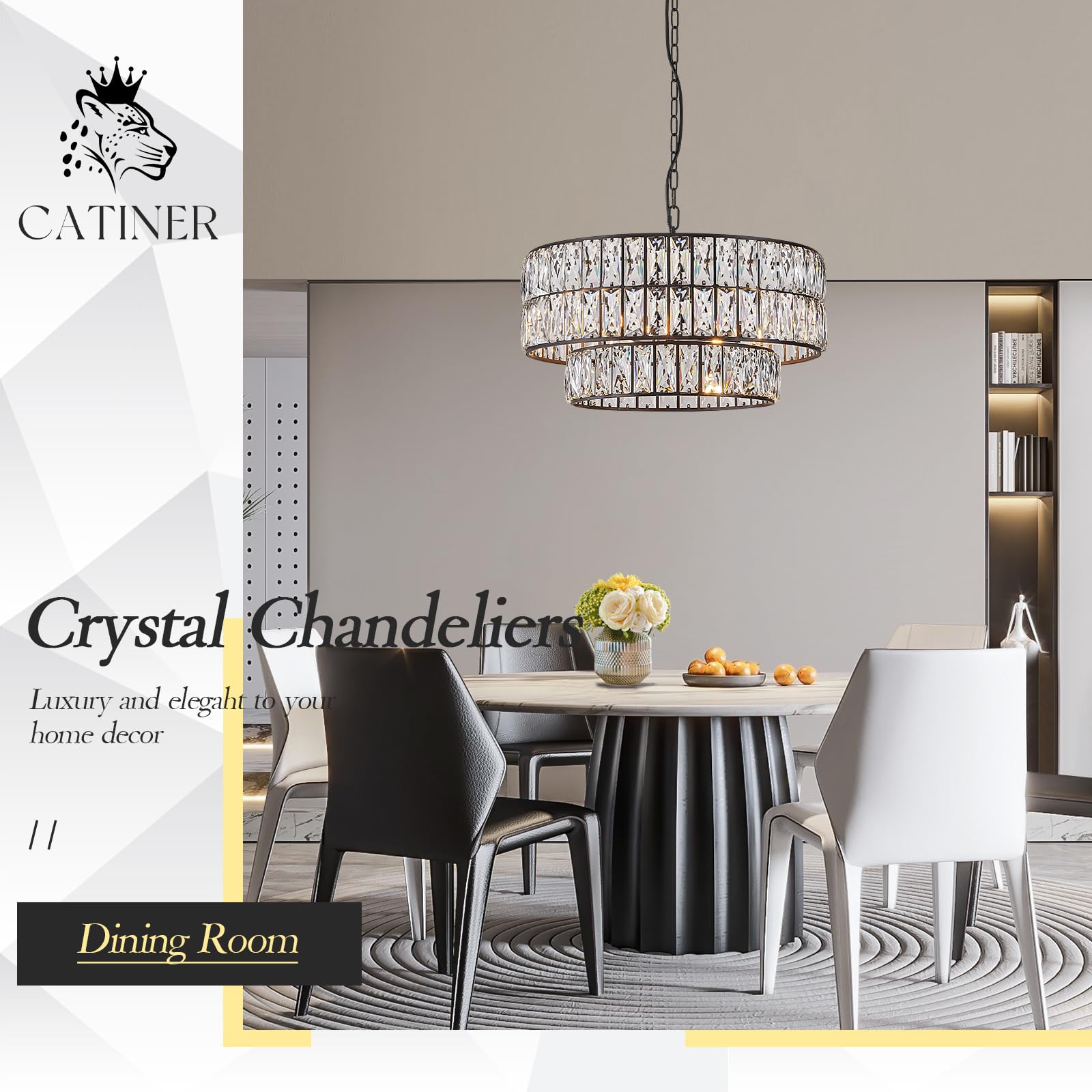 CATINER Black Crystal Chandelier, 6-Lights Luxury Pendant, 20'' Metal Drum Semi Flush Mount for Dining Room, Foyer, Living Room, Kitchen