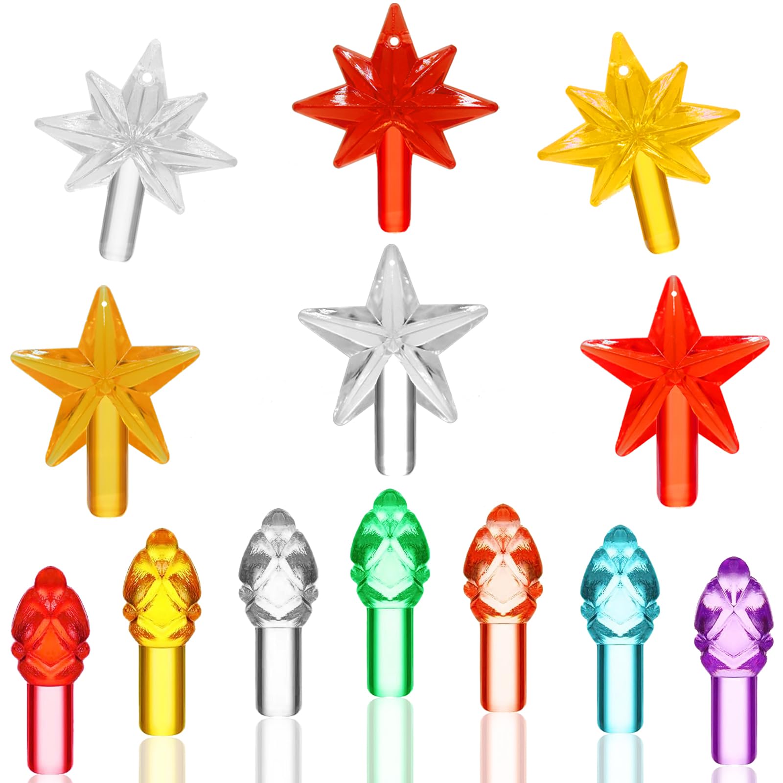 Replacement Lights Bulbs for Ceramic Christmas Tree, 217 PC Mini Twist Light Ornaments for Ceramic Tree, Multicolor Small Flame Pegs Accessories for Crafts, Assorted Colors, 6 Stars Treetops Set