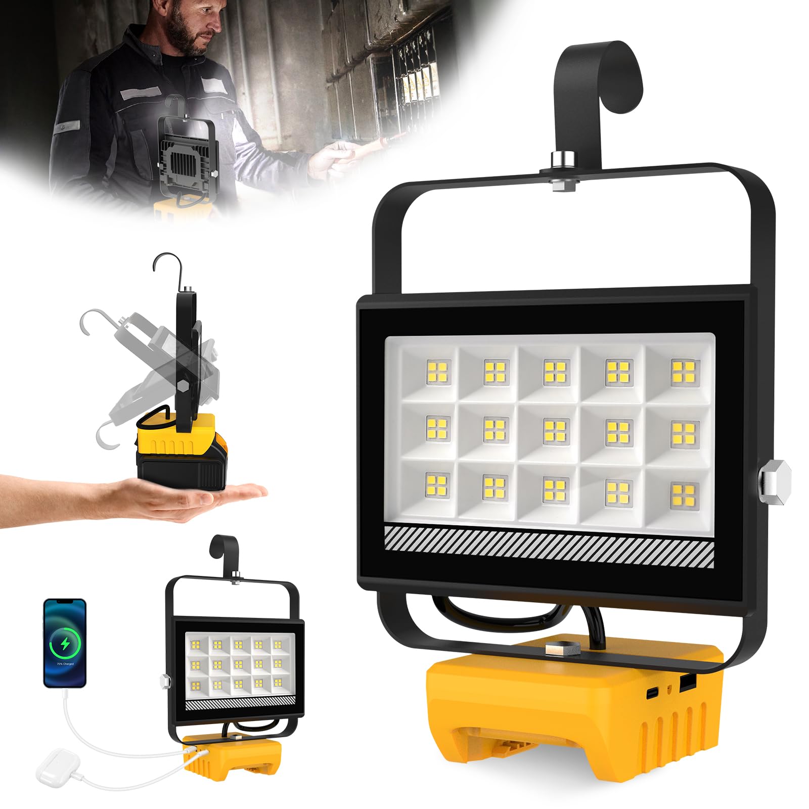 Cordless LED Work Light for Dewalt 20v Max Battery, 60W 6000LM Flood Light, Battery Light for Dewalt 20v Tools with USB & Type-C