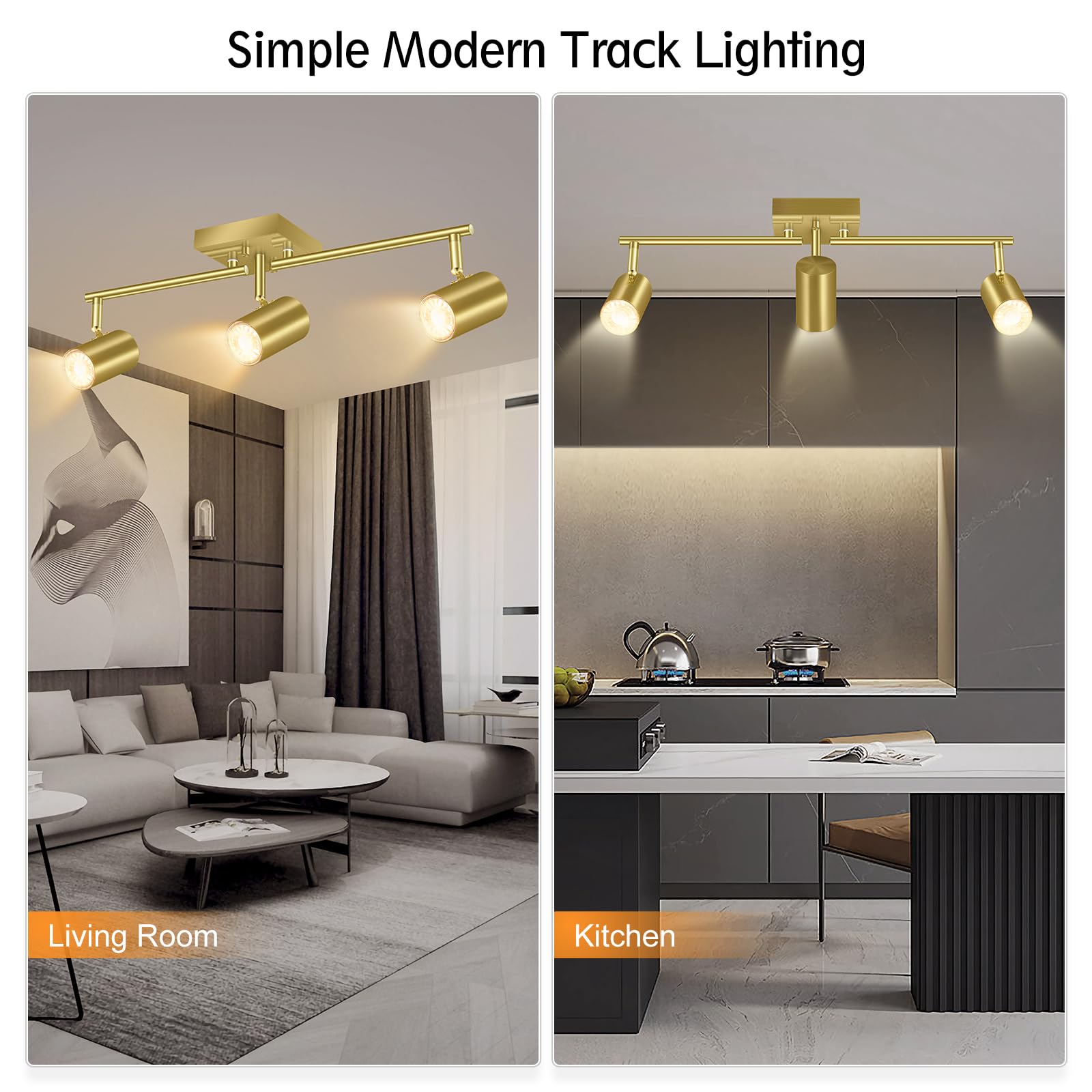Boostarea 3 Light Track Lighting Fixtures Ceiling, Gold Kitchen Lighting Fixtures Ceiling, Led Track Lighting Kit, Rotatable Lig