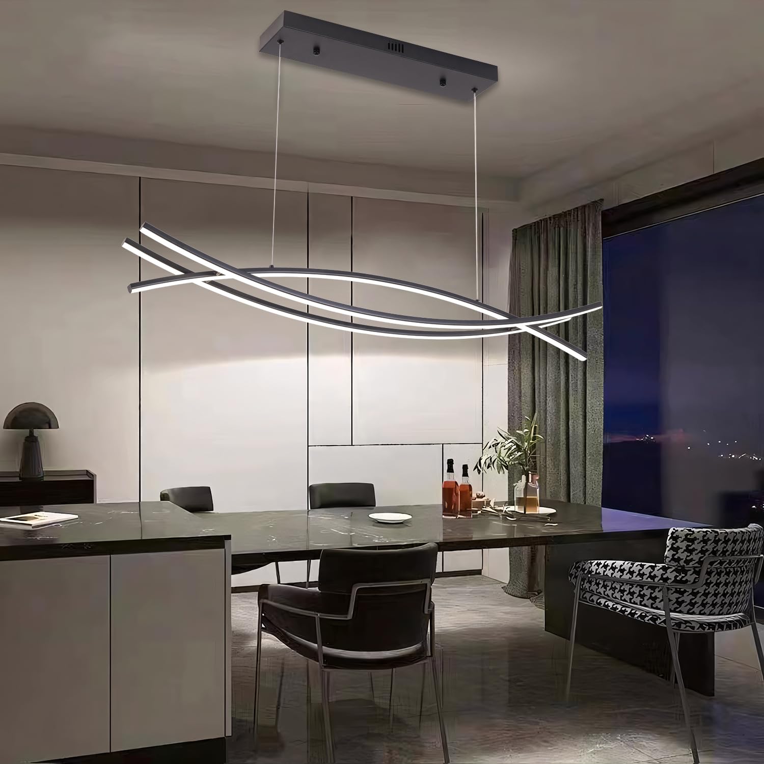 Dimmable Pendant Light For Kitchen Island Lighting 47.24 Modern Led Chandelier  Led Pendant Light With Adjustable Height  Black Modern Kitchen Chandeliers For Kitchen Island  Dining Room With Remote