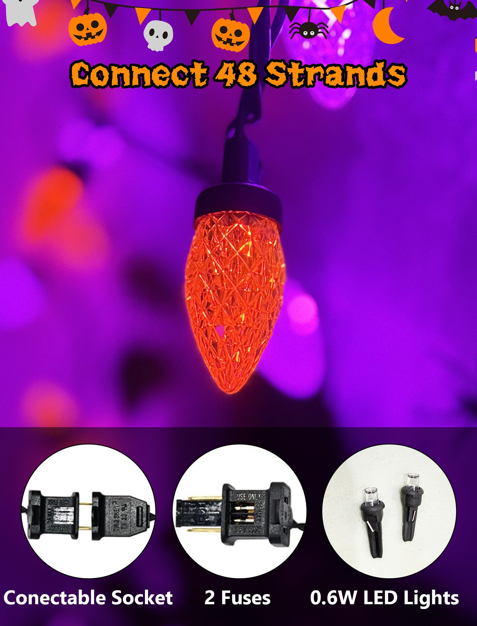 Xingzd 26Ft Halloween String Lights Outdoor  50 C7 Led Orange And Purple String Lights  Plug-In Halloween Patio Decorative Lights For Indoor Christmas Backary Porch House Holiday Party Decor