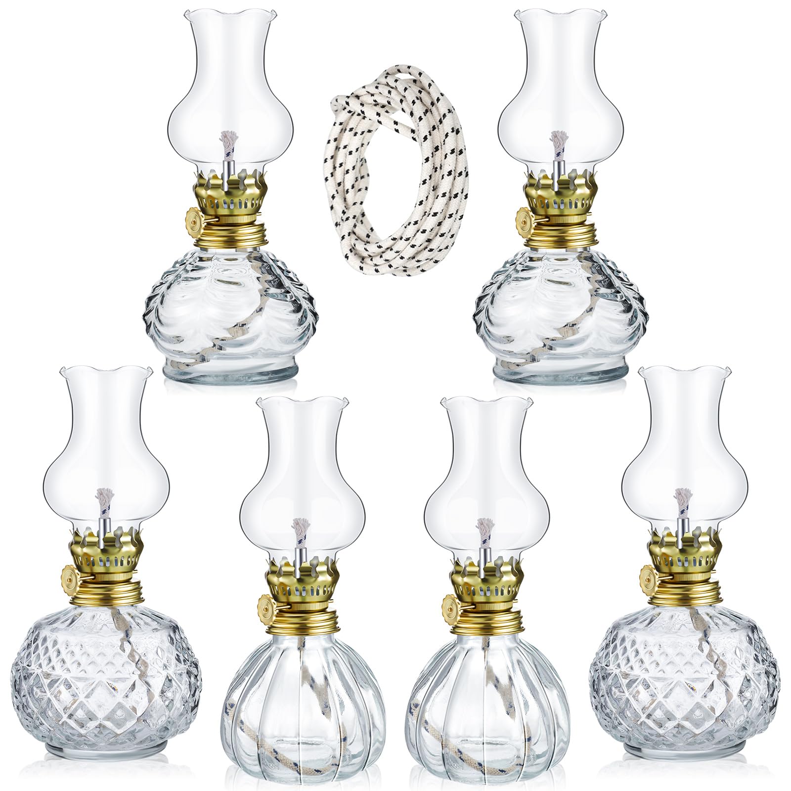 Yexiya 6 Pcs Oil Lamp Vintage Glass Kerosene Lamp Rustic Lantern Chamber Oil Lamps Clear Kerosene Lamp Hurricane Lamp with 6.6 ft Extra Wick for Indoor Use Home Decor Emergency (Vivid)
