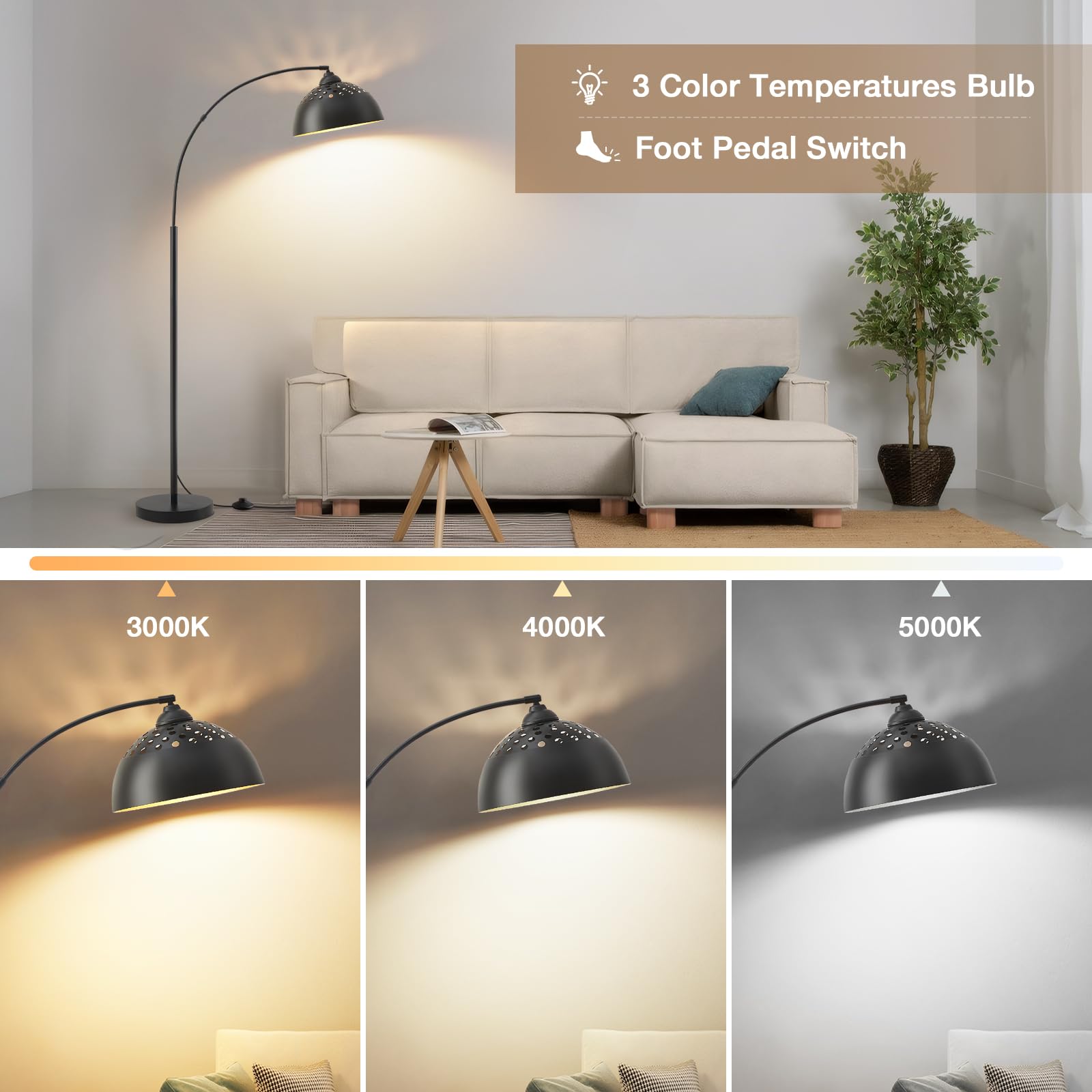 Arc Floor Lamps For Living Room, 71'' Modern Standing Lamp With Adjustable Lamp Head, Black Tall Lamp With Foot Switch, Arched R