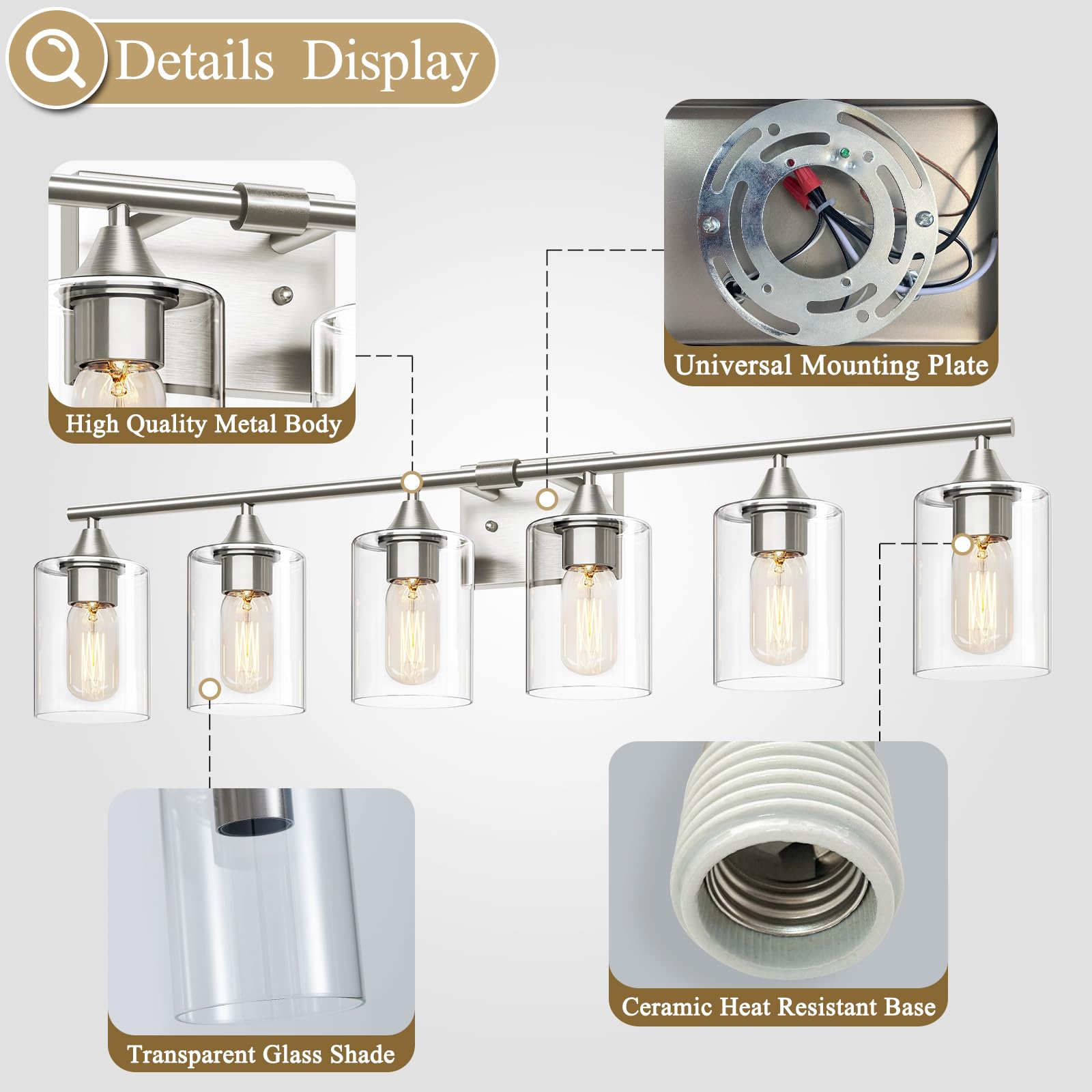 Xpehk 6-Light Bathroom Lighting Fixtures Over Mirror,Brushed Nickel Light Fixture Bathroom,Vanity Light With Clear Glass Shade,M