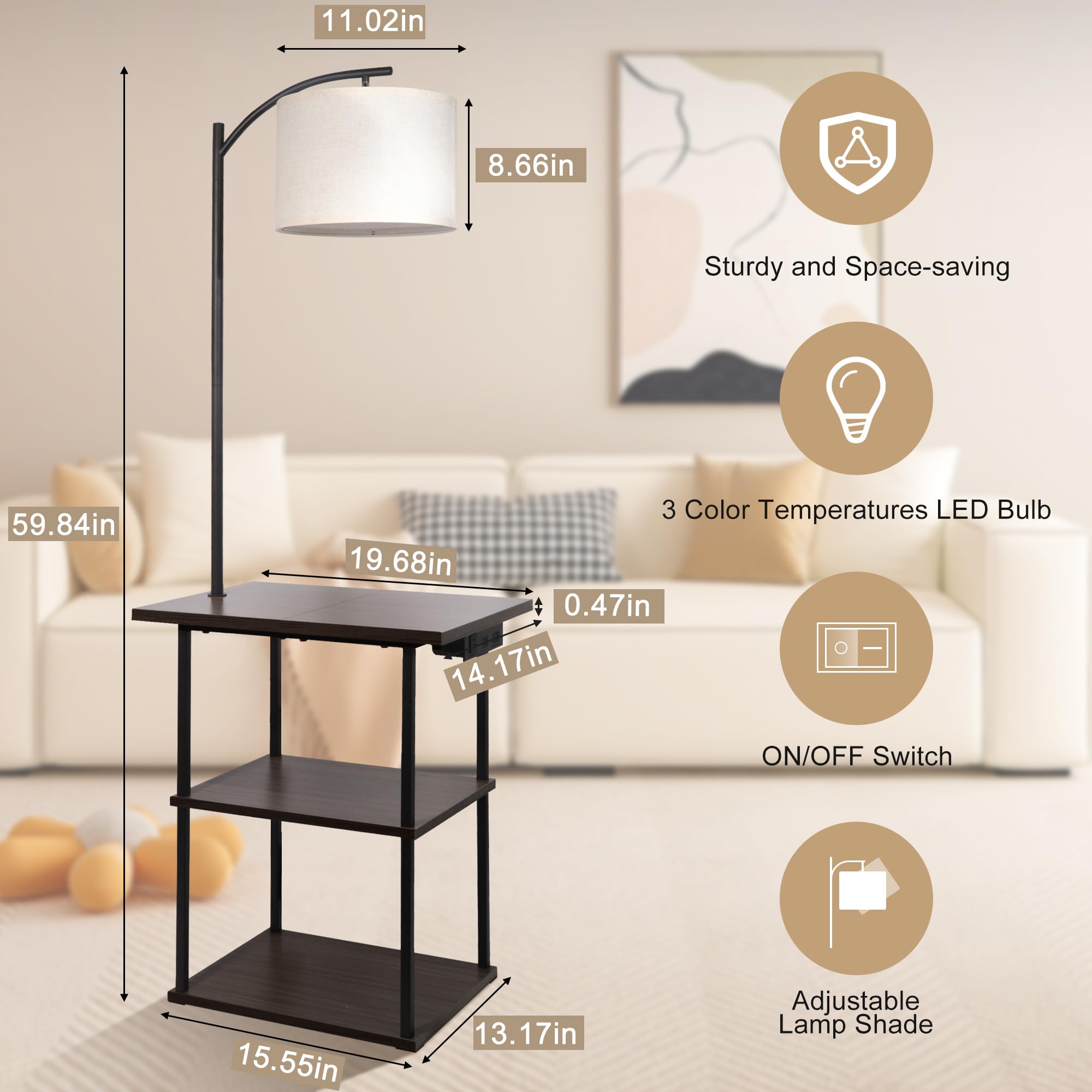 Pesrae Floor Lamp With Table, End Table With Charging Station(Usb & Type-C & Ac Port), 3 Color Temperatures 9W Led Bulb, Modern Shelves Side Table For Bedroom, Living Room