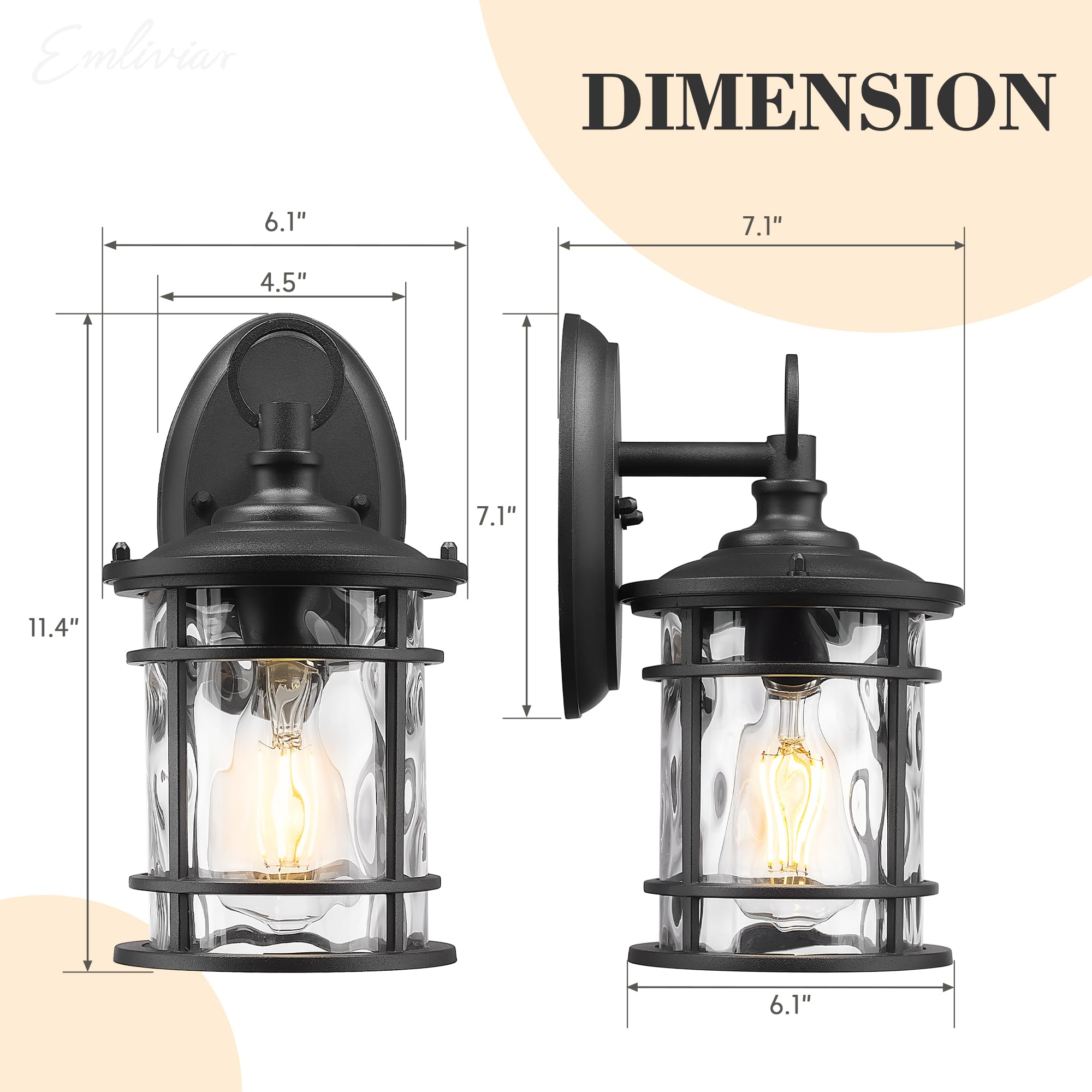 Emliviar 1-Light Outdoor Wall Mounted Lighting, Matte Black, 11.4" Aluminum Carriage Light with Water Ripple Glass, Model XE229BS BK-WG