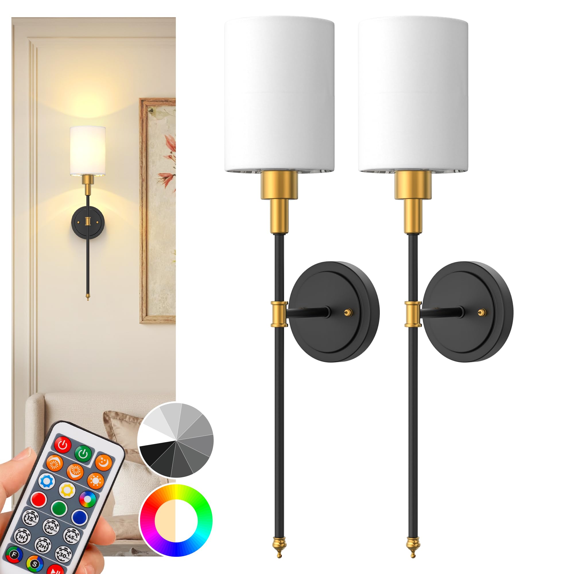 DORESshop Battery Operated Wall Sconce Set of 2, Metal, 24.3in, Wireless, Gold and Black, Easy to Install, Decorative Lighting for Home