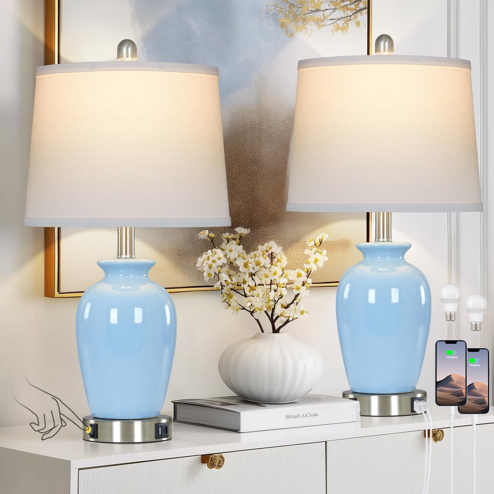 Cinkeda 23 Set of 2 Light Blue Ceramic Table Lamp with Ginger Jar Design  Bedside USB Lamps for Living Room Dining Room Bedroom Office Nightstand End Table