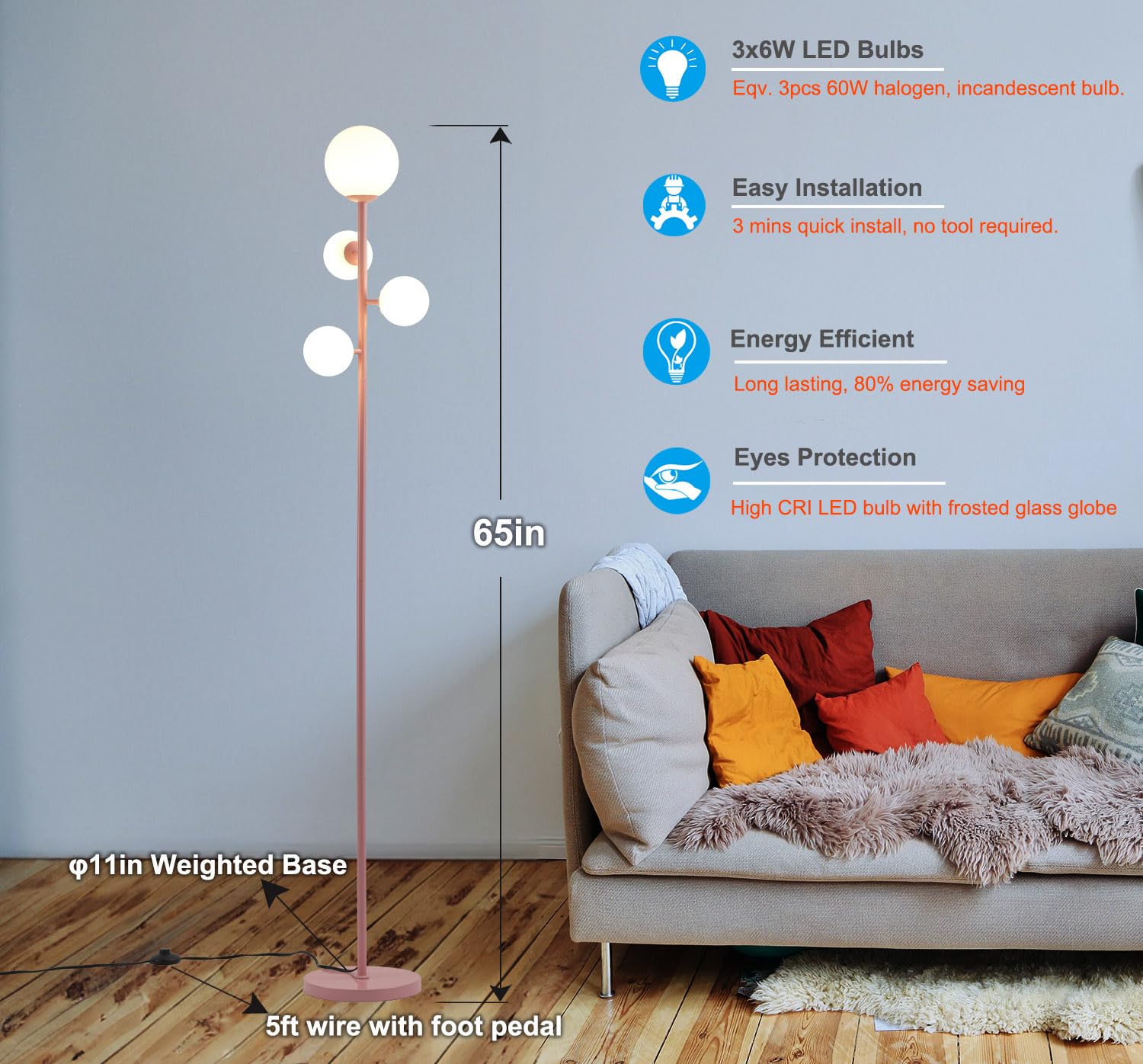 Fiqevs Modern 4 Globe Gold Floor Lamp With Frosted Glass, Mid Century Design, 3000K Led