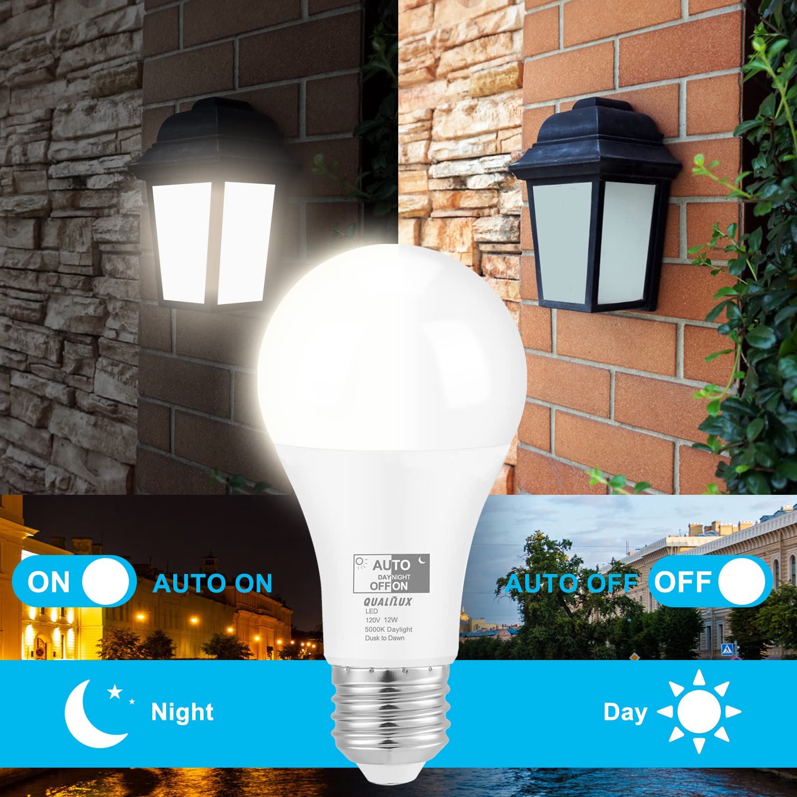 Qualilux Dusk to Dawn LED Light Bulbs 1000 Lumen, Daylight 5000K, A19 E26, 12W, 2-Pack