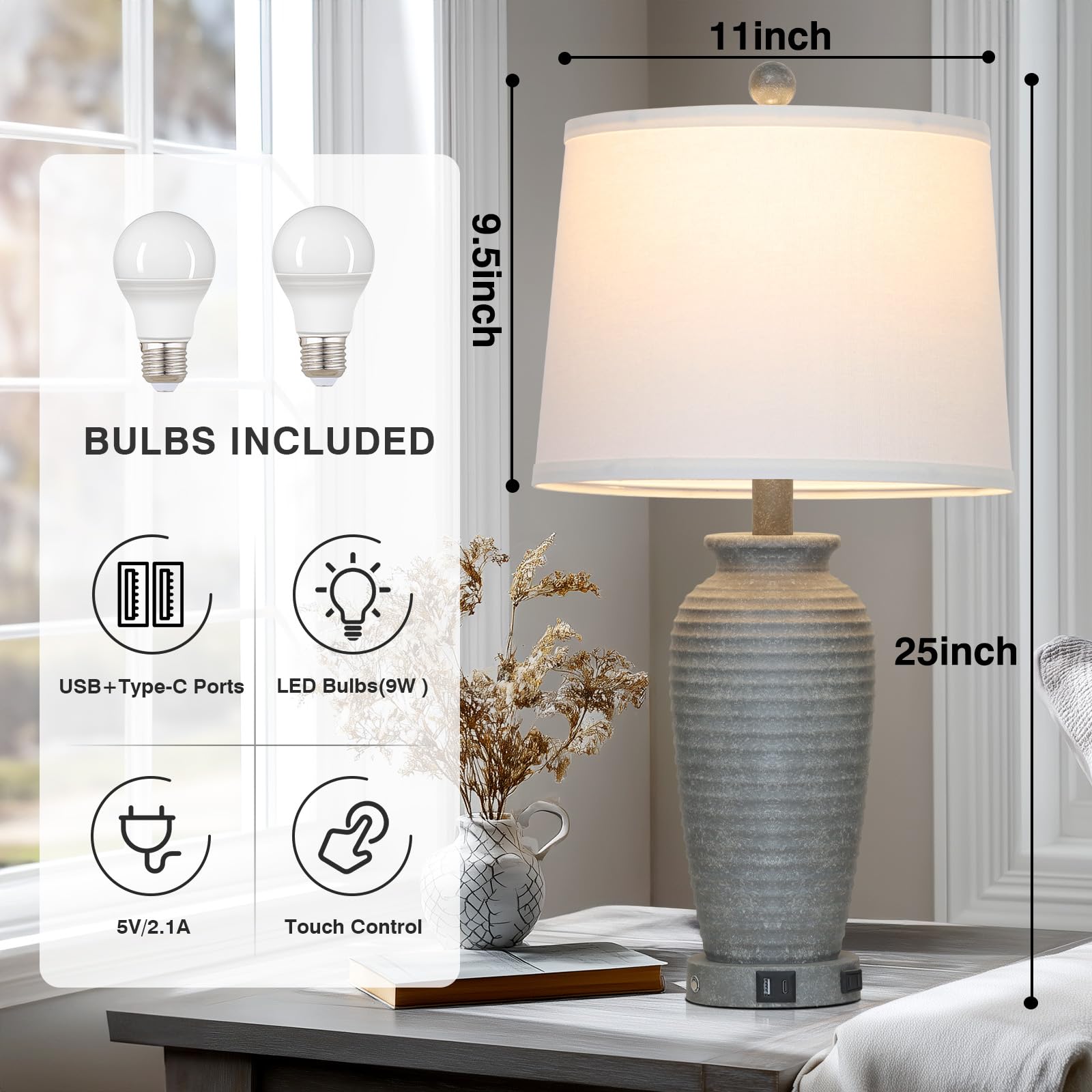 CINSARY 25 Grey Farmhouse Jar Table Lamps, 3 Way Touch Control Rustic Bedside Lamps with USB A+C Ports & AC Outlet, Pot Nightsta