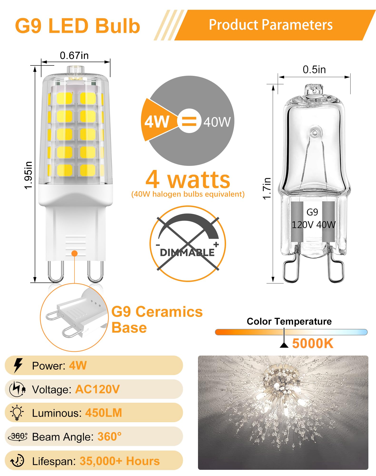 Gohdlamp 10 Pack G9 Led Bulb, 40 Watt Equivalent T4 Chandelier Light Bulbs,4W 5000K Daylight White 450Lumens Non-Dimmable, Ceram