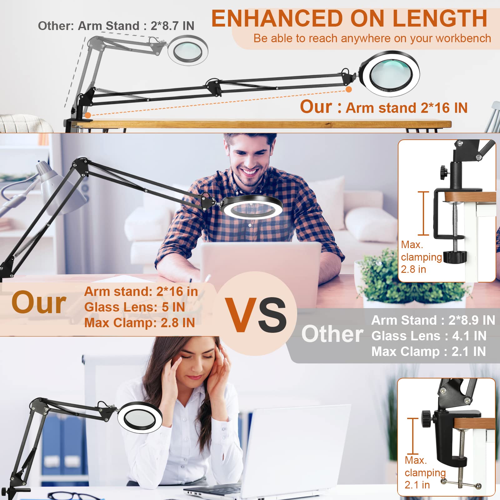 Veemagni 5 Magnifying Glass With Light, 8X Magnifier, Black, Led Clamp Desk Lamp, 5 Color Modes, 2*16 Swivel Arm, Model
