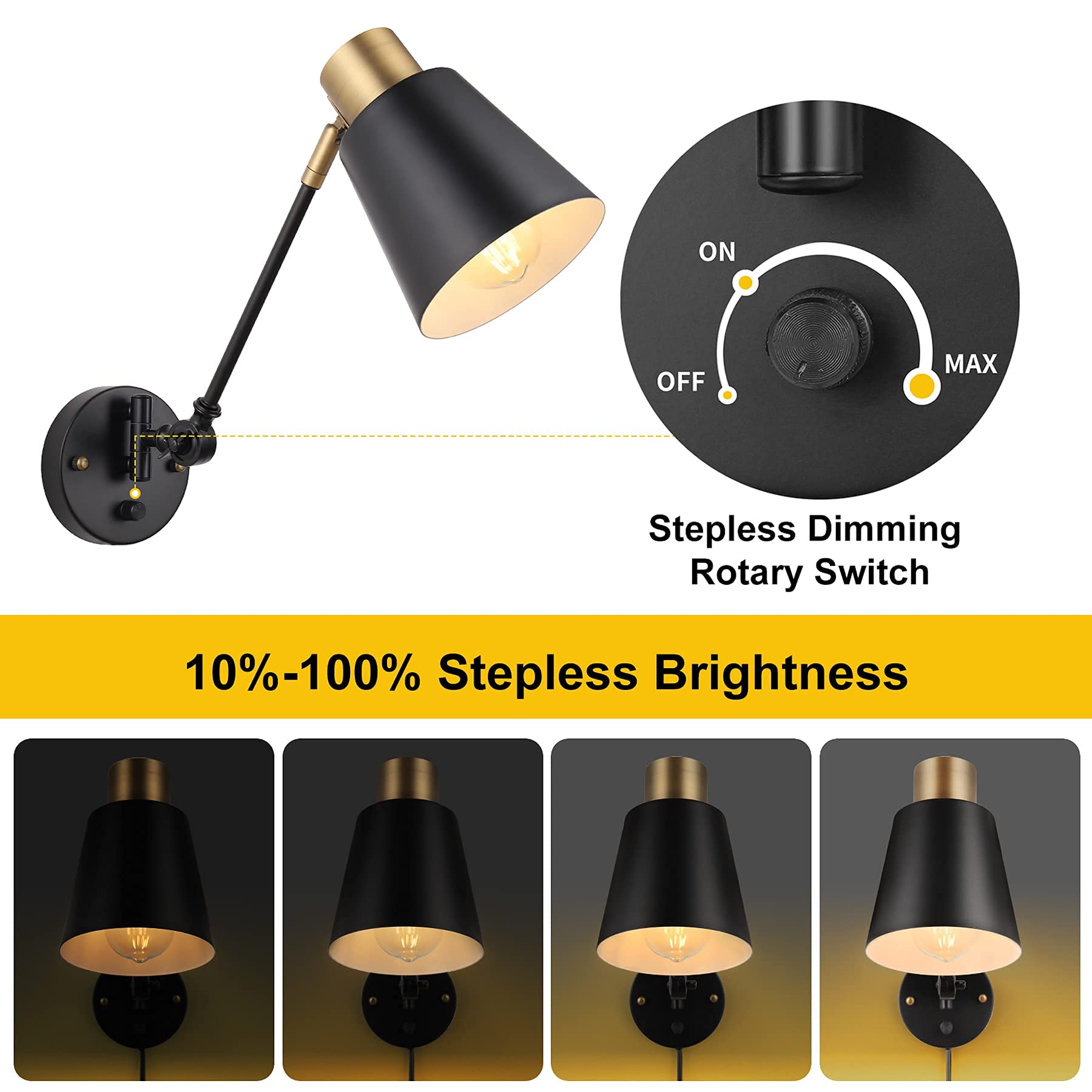 Goodate Dimmable Wall Lamp, Plug-In Swing Arm Sconce, Black Brass Industrial E26 Light