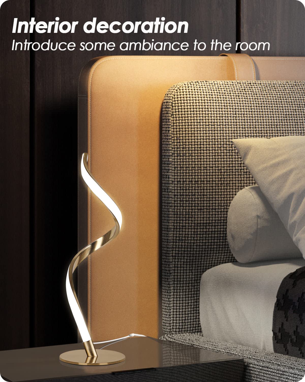 Yarra-Decor Modern Spiral Bedside Lamp - Touch Control LED, Dimmable, Compact, Gold, Model TD-010SPIRAL, 3000K/4000K/5000