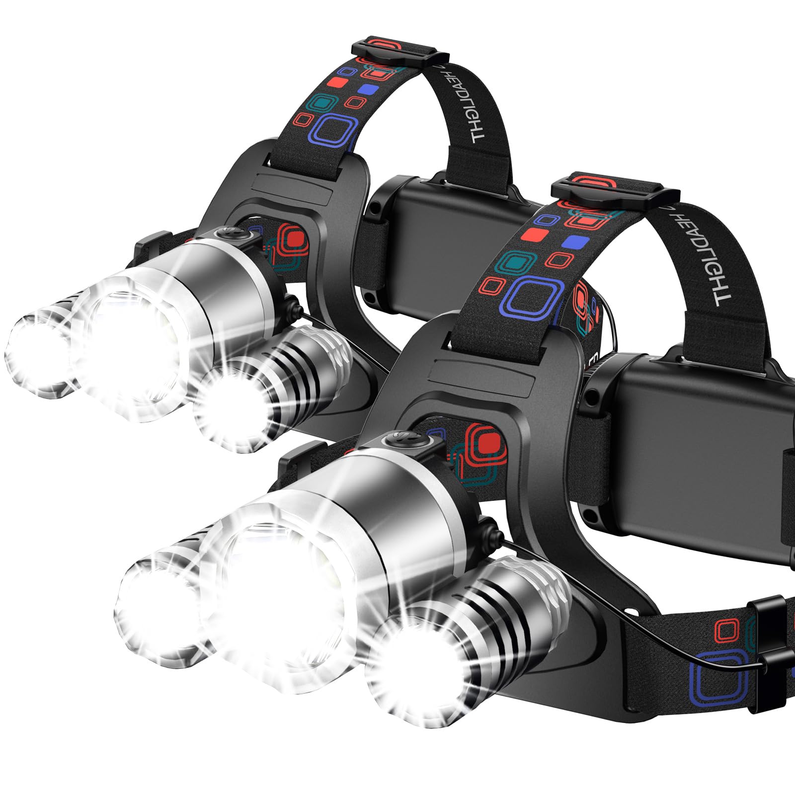 Wdtpro Headlamp Rechargeable, 2 Pack 3000L Bright Headlight, Lightweight Flashlight With 3 Powered Led, Waterproof 90Adjustable 