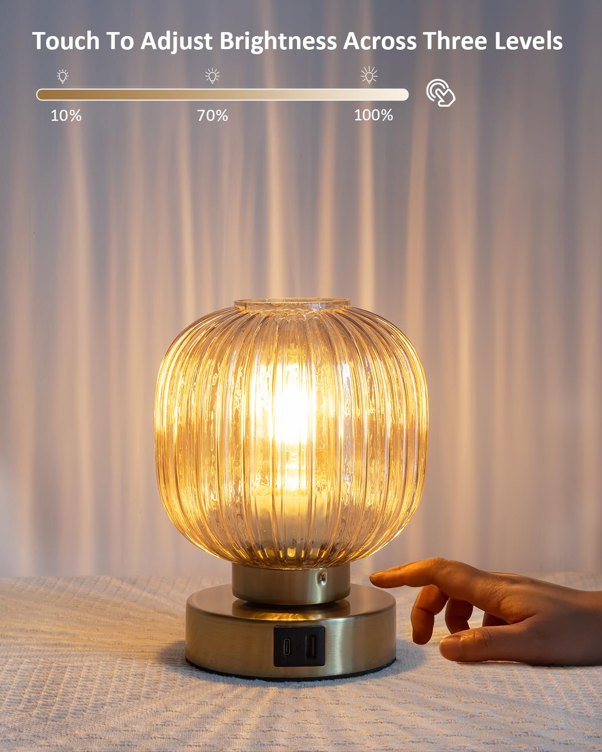 Touch Small Table Lamp,Elegant Gold Glass Bedside Lamp 3 Way Dimmable With Usb C+A Charging Ports - Bedroom Nightstand & Living