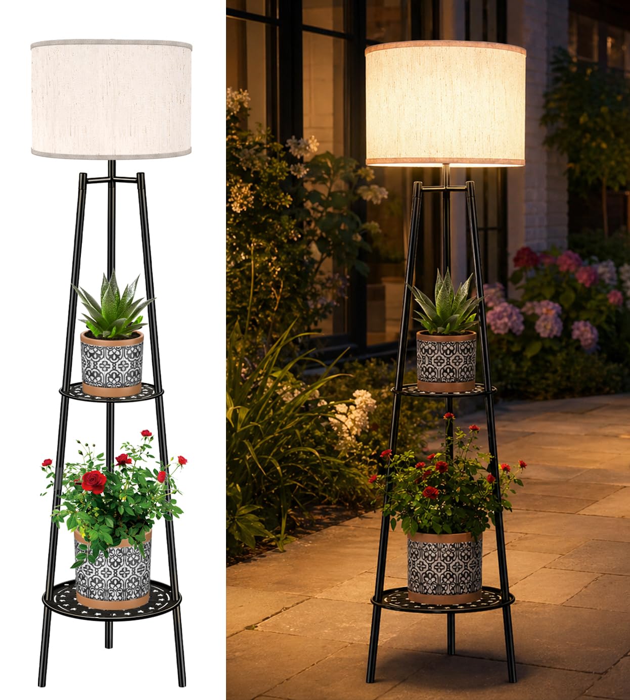 VISFLAIR Outdoor Solar Floor Lamp with 2-Tier Plant Stand  Cordless Tall Standing Patio Light with White Shade & Edison Bulb  Waterproof Metal Display Shelf for Porch  Deck  Balcony Garden Decor