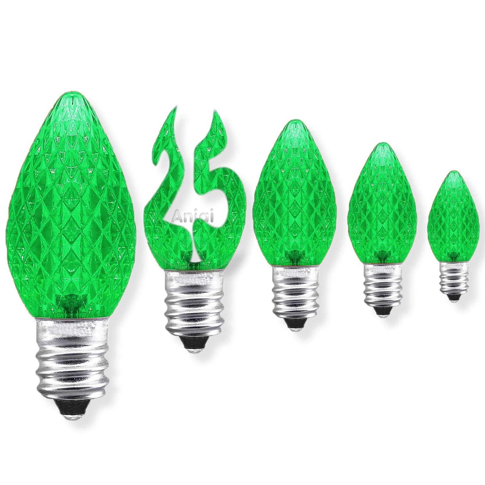 Aniai C7 LED Christmas Light Bulbs - 25 Count, E12 Base, Green, Commercial Grade, Plastic