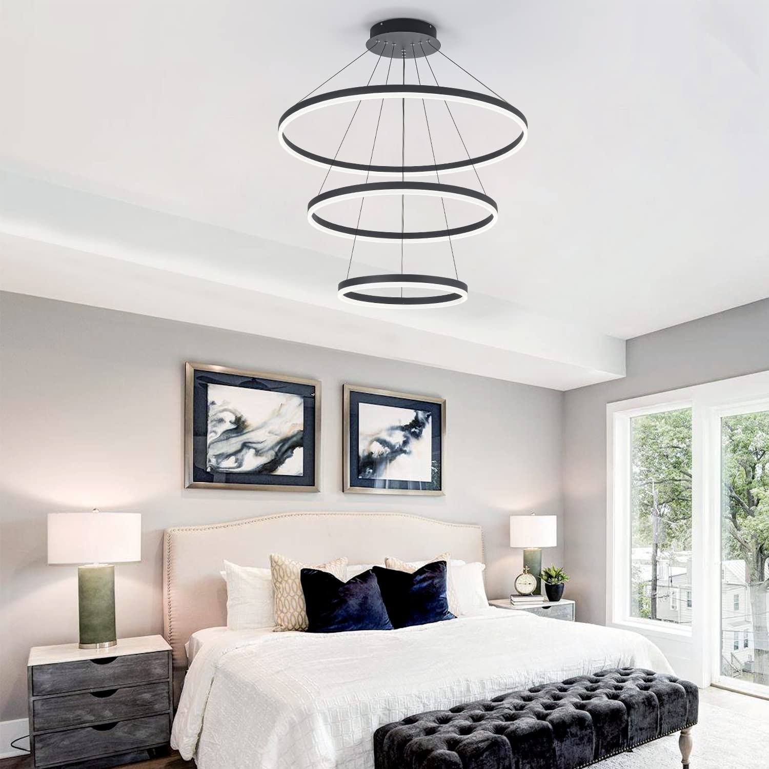 XGZL · LIGHTING Modern LED Chandelier, Dimmable 3-Rings, Black, Remote Control, 3000K-6500K for Living Room, Bedroom, Foyer
